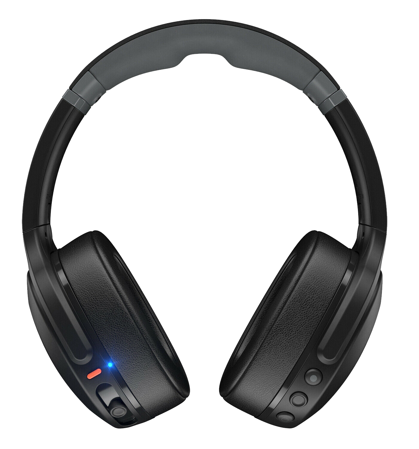 Schwarze Over-Ear-Kopfhörer mit blauen und roten Lichtern auf schwarzem Hintergrund.