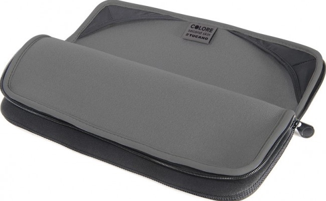 Housse d'ordinateur portable gris foncé, ouverte, révélant l'intérieur gris et une fermeture éclair.