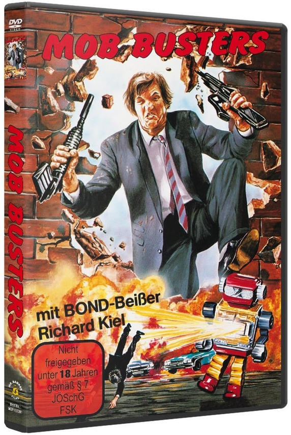 DVD-Cover von 'MOB BUSTERS' mit einem Mann mit Waffen, einem Roboter und Text.