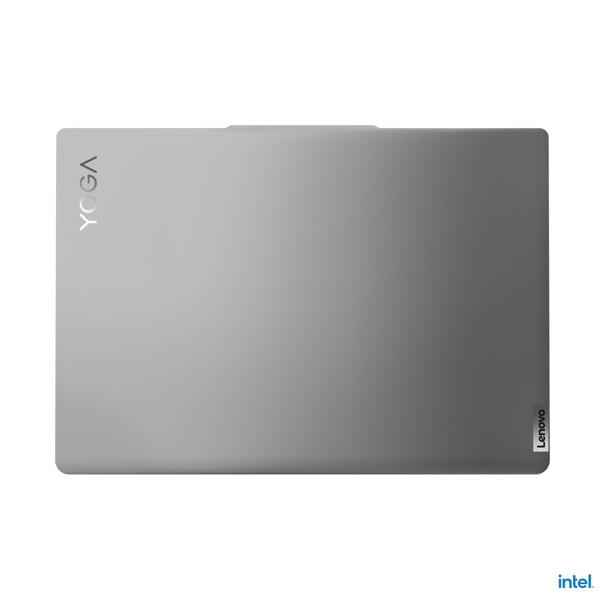 Lenovo ve Yoga yazılı gümüş renkli kapalı laptop.