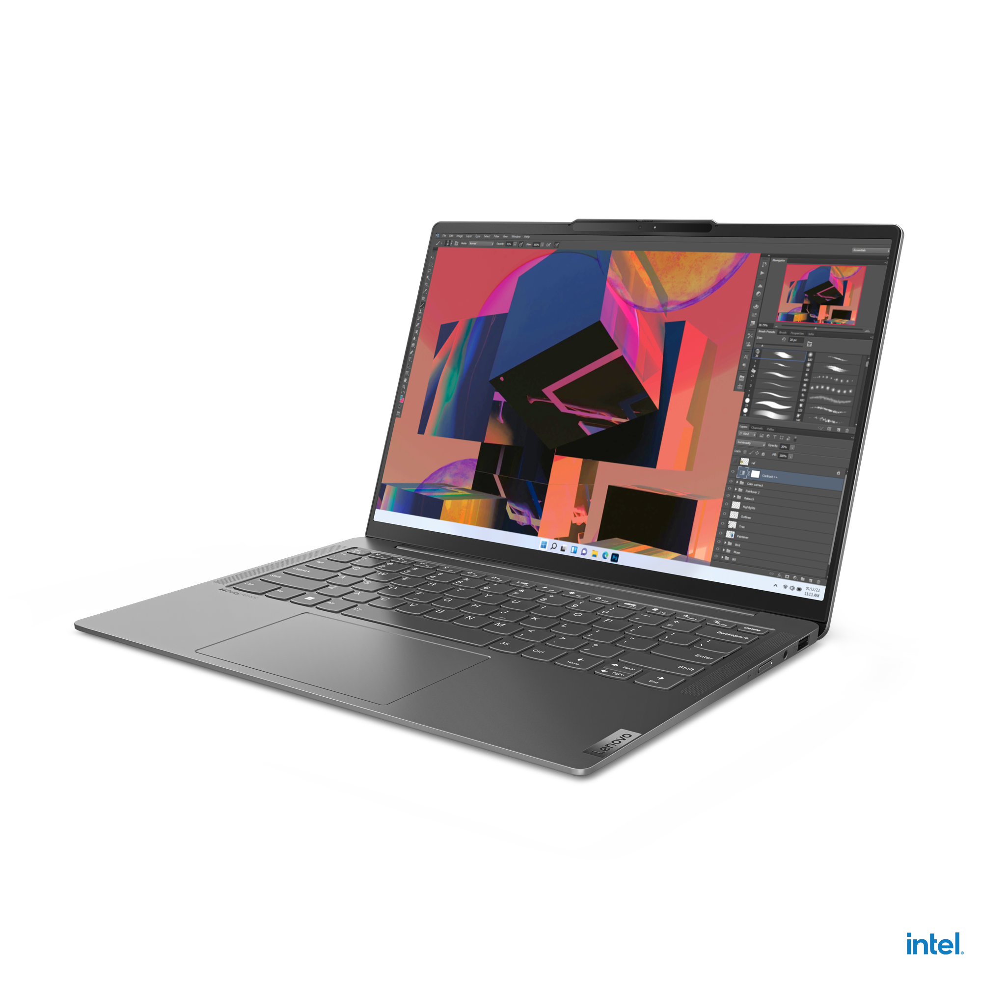 Bir görüntü gösteren bir ekranı olan bir Lenovo dizüstü bilgisayar. Dizüstü bilgisayar siyah bir arka plan üzerinde.