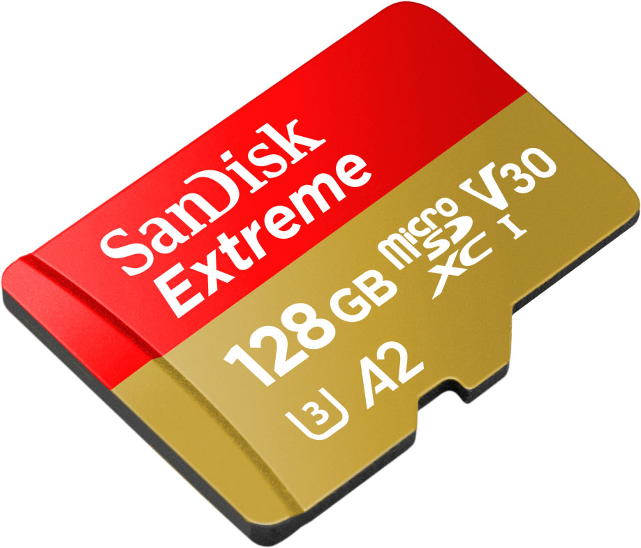 SD card with red and gold colors. Text says Sandisk Extreme 128GB micro SDXC.