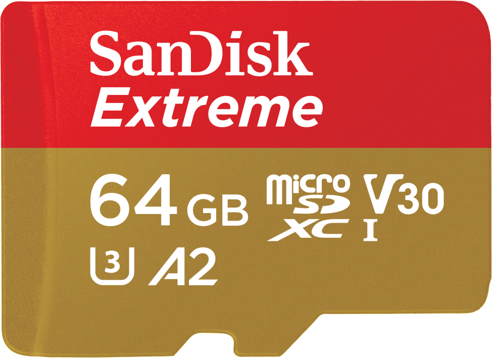 Sandisk Extreme microSD-kaart. Rode en gouden kleuren, met witte tekst: 64GB, A2, V30 en het Sandisk-logo.