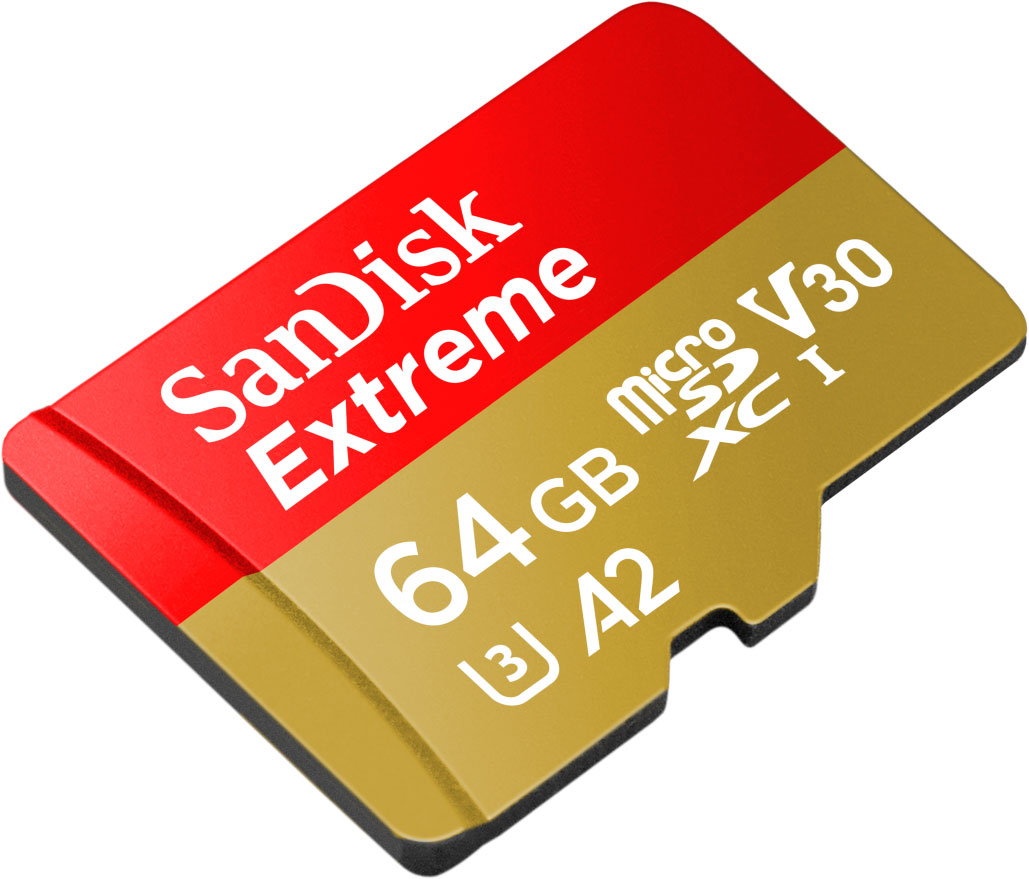 Rode en gouden SanDisk Extreme 64GB MicroSD-kaart. Tekst op kaart.