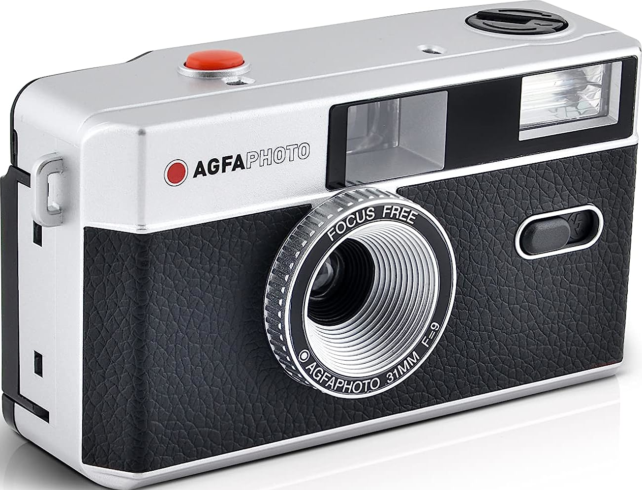 Eine AgfaPhoto-Kamera, schwarz und silber, mit rotem Knopf.