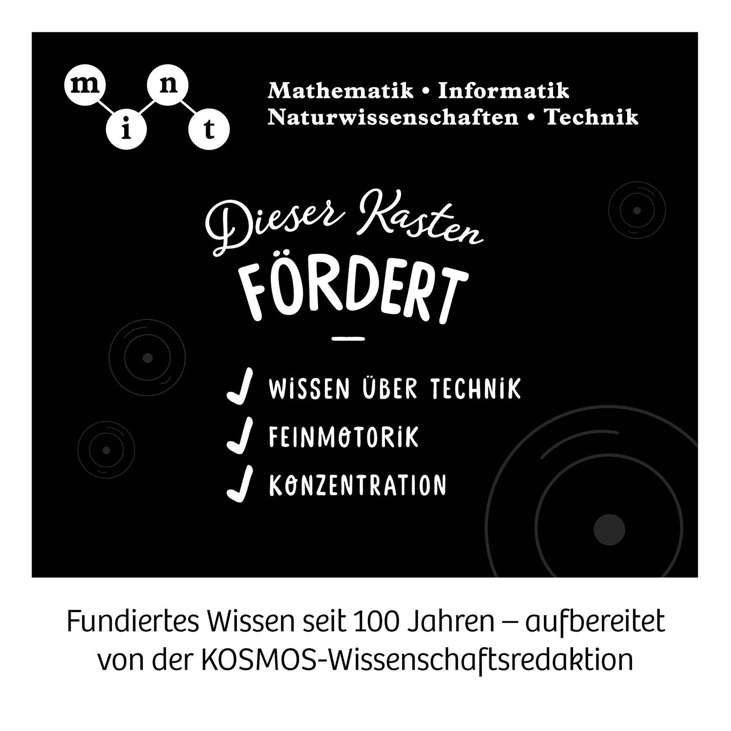 Ein schwarzes Poster mit "MINT"-Logo, Text zu Förderung von Wissen, Technik, Feinmotorik & Konzentration.