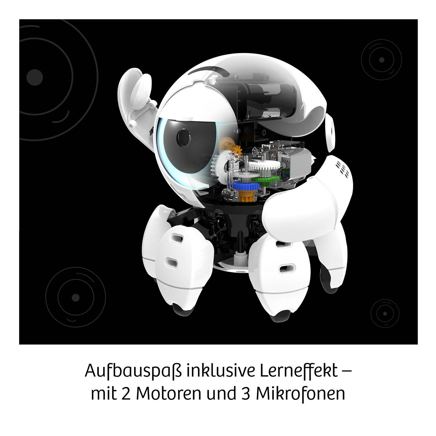 Ein weißer Roboter mit sichtbaren Zahnrädern und Motoren, schwarzer Hintergrund.