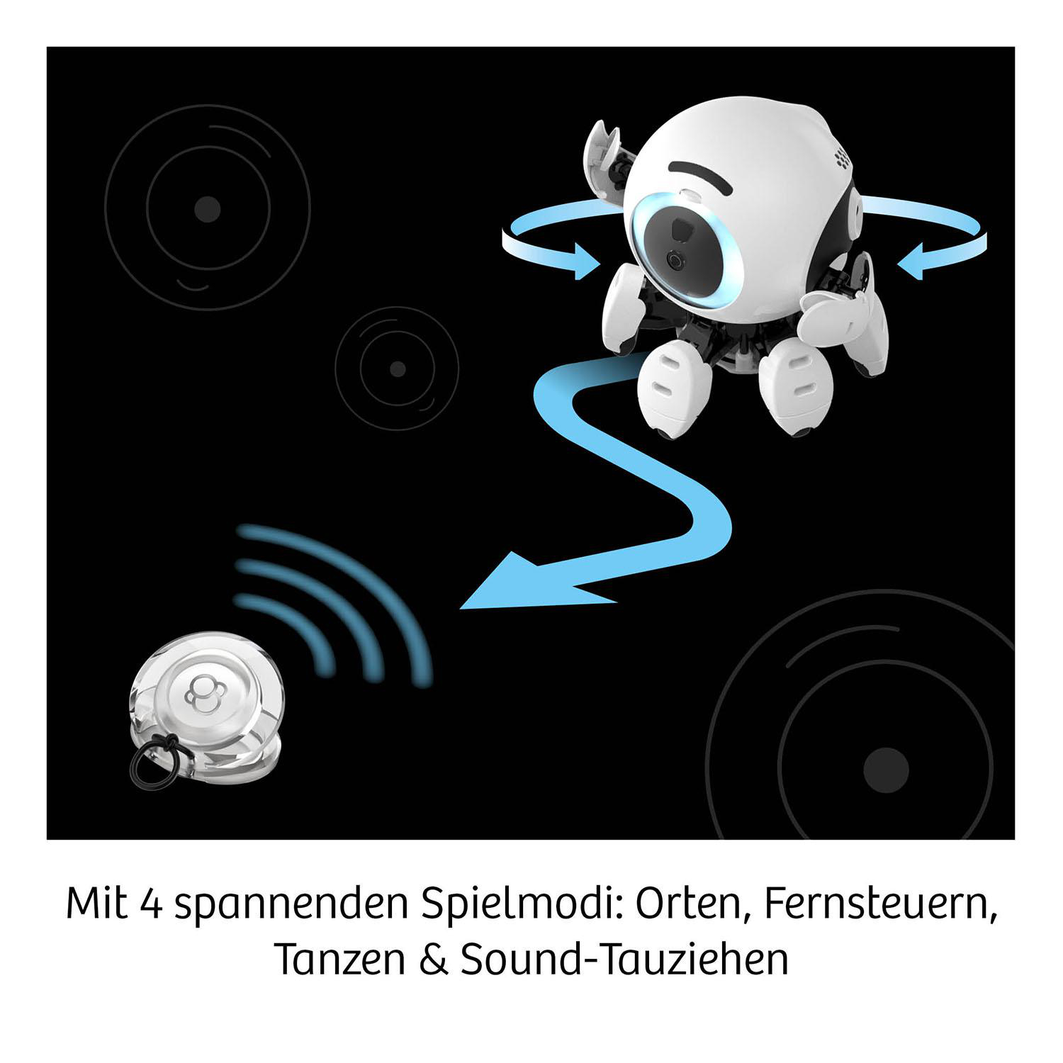 Kleiner weißer Roboter mit Fernbedienung und Pfeilen, die Interaktion andeuten.