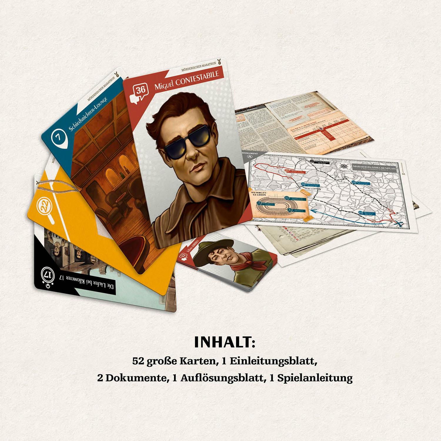 Karten aus einem Brettspiel mit Charakteren und Text, angeordnet auf einer hellbraunen Oberfläche.