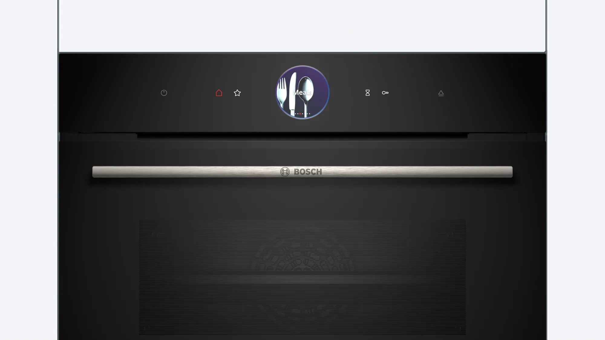 Ein schwarzer Ofen mit silbernem Griff und einem Touchscreen-Display mit Utensilien-Symbolen.