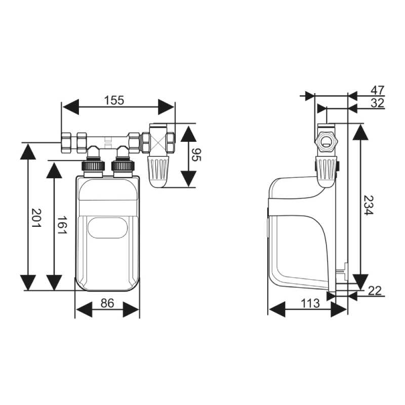 Vízszűrő diagramja méretekkel. Elölnézet és oldalsó nézet.