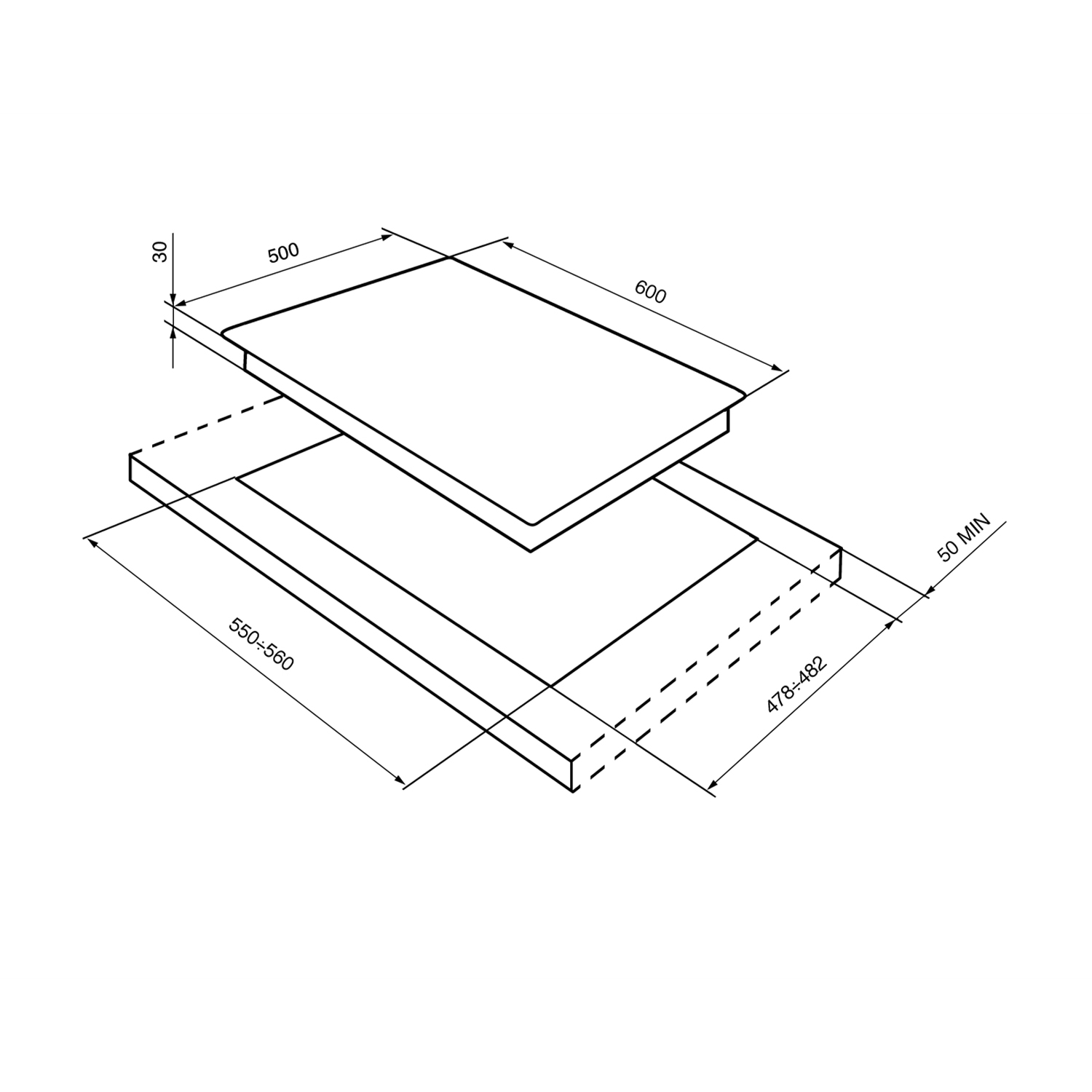 Diagramma di un piano cottura nero con dimensioni. Vista dall'alto, forma rettangolare con misure.