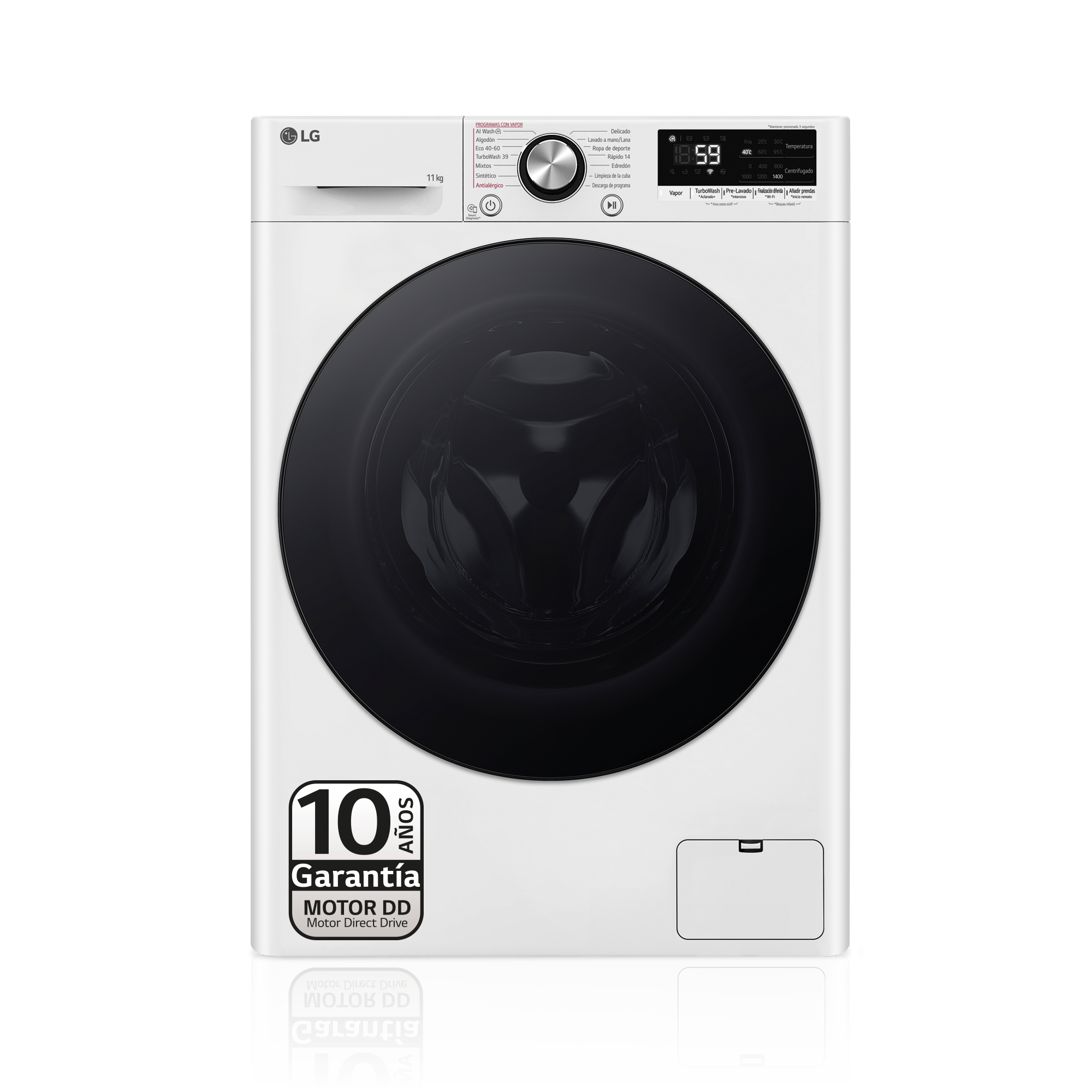 Lavadora LG blanca con puerta y panel de control negros, mostrando pantalla digital.