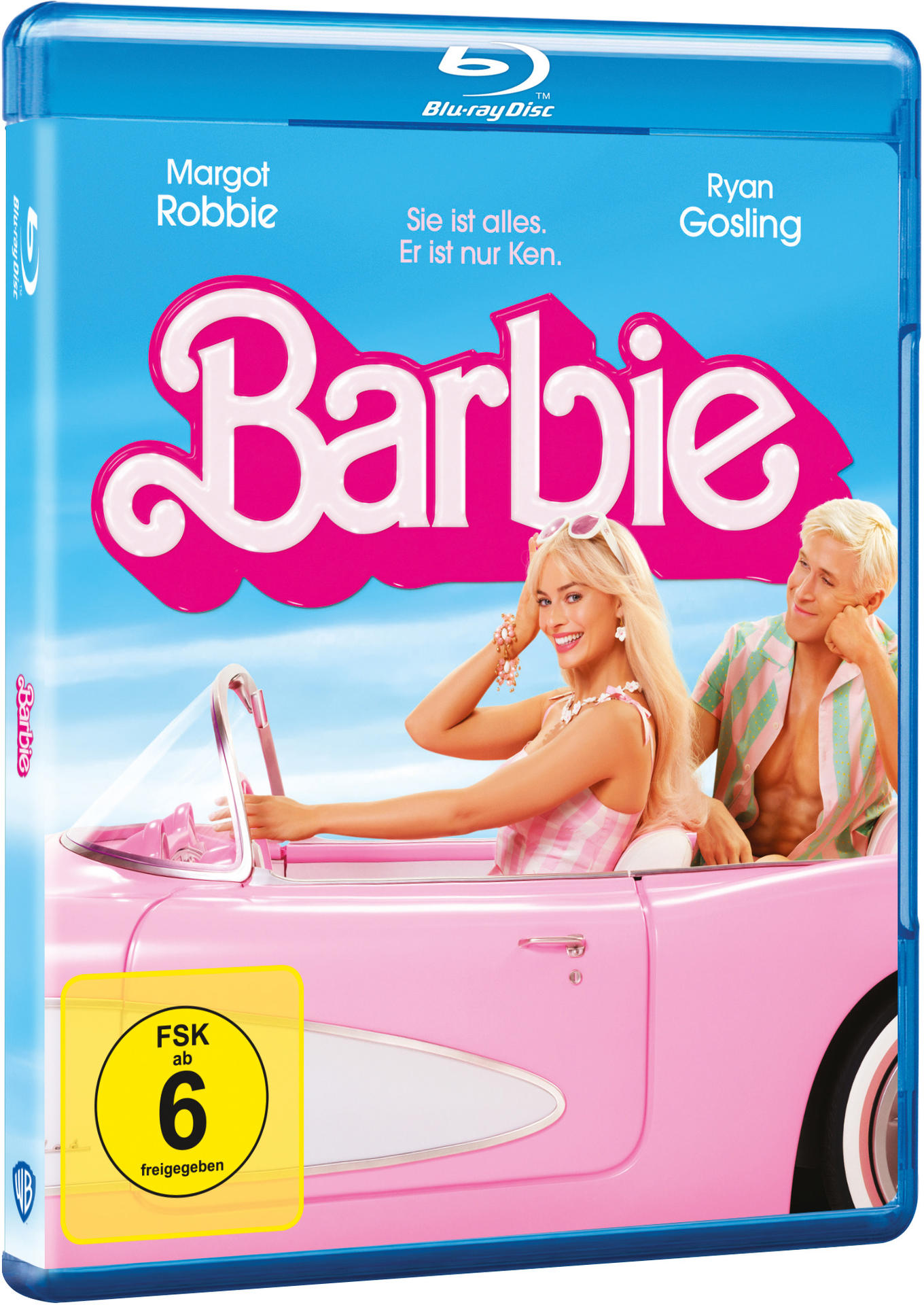 Eine DVD-Hülle des Barbie-Films mit Margot Robbie und Ryan Gosling. Blauer Hintergrund.