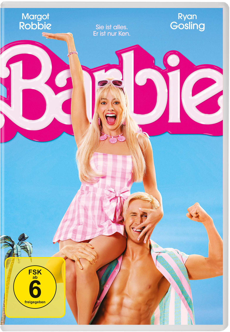 DVD-Cover: Barbie mit pinkem Kleid und Ken ohne Hemd, blondes Haar. Hintergrund hellblau mit pinkem Logo.