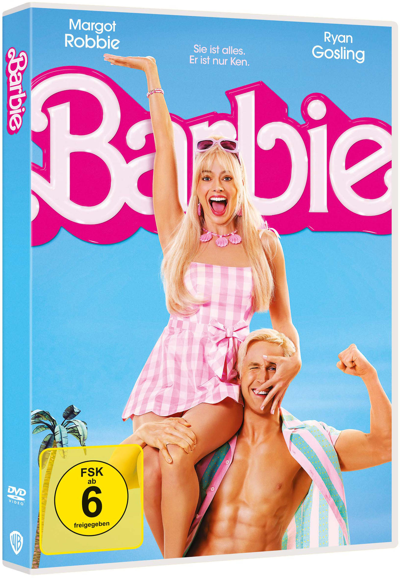 Barbie DVD-Cover mit Margot Robbie und Ryan Gosling vor blauem Hintergrund.