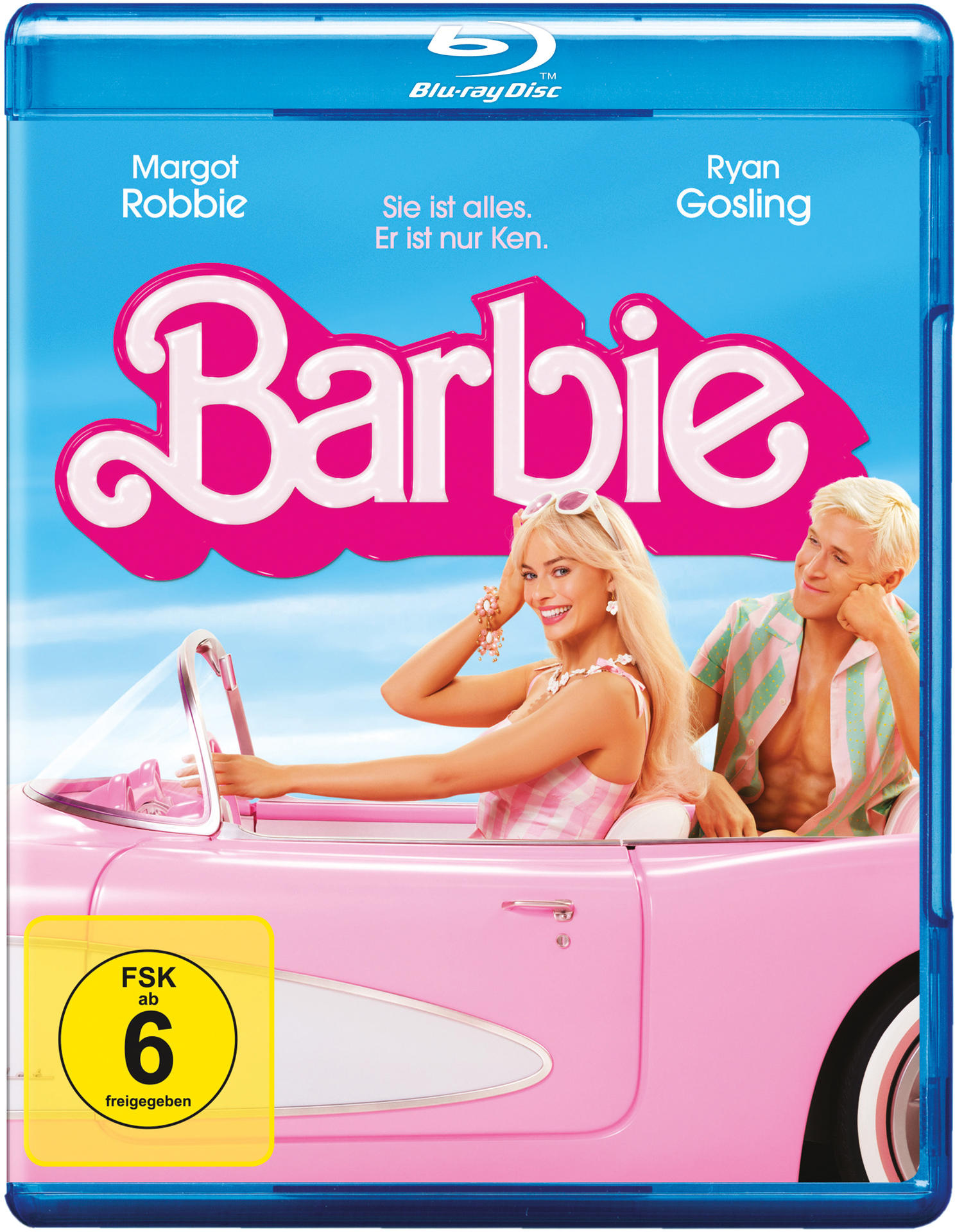 Barbie Blu-ray Cover, Margot Robbie und Ryan Gosling in pinkem Auto, blauer Hintergrund.