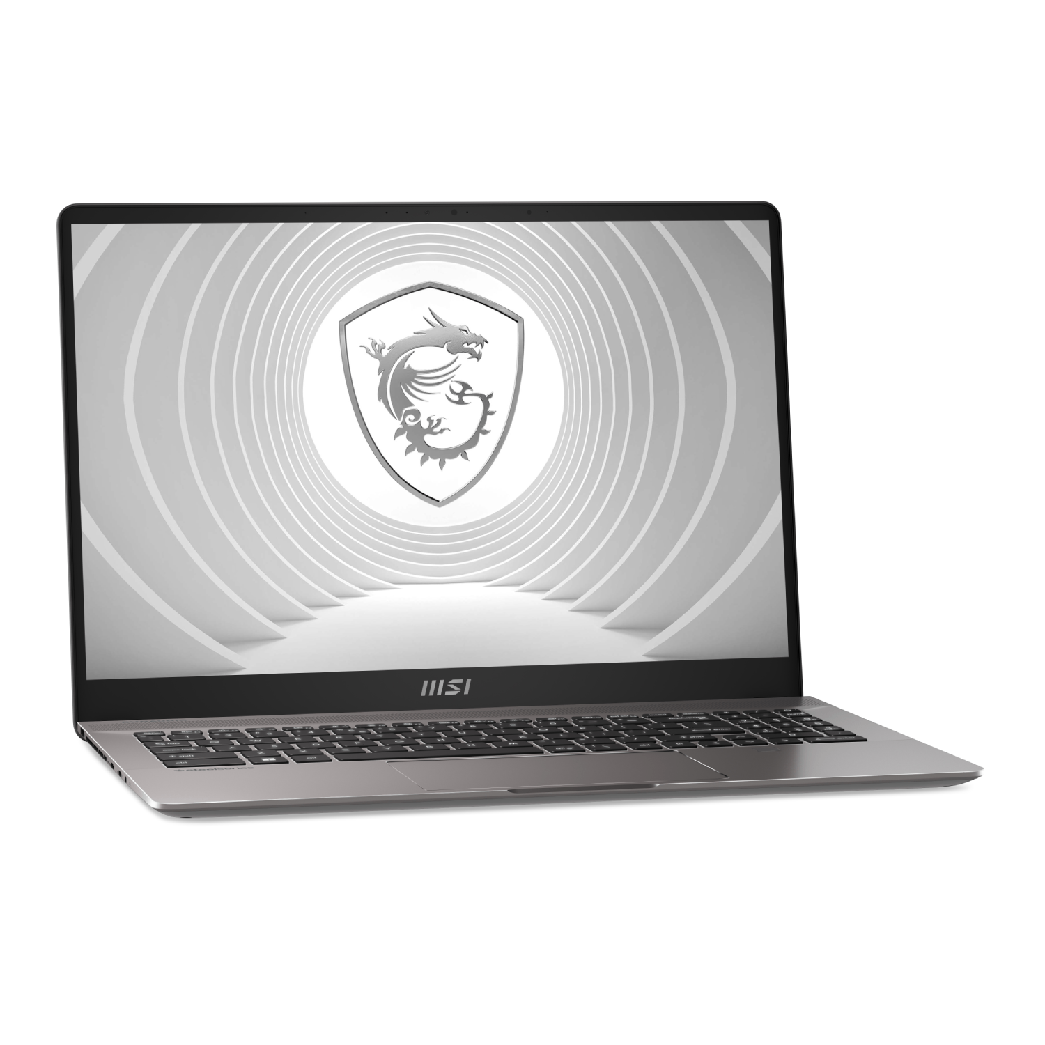 Portátil MSI sobre fondo blanco, pantalla muestra emblema de dragón en diseño de túnel.