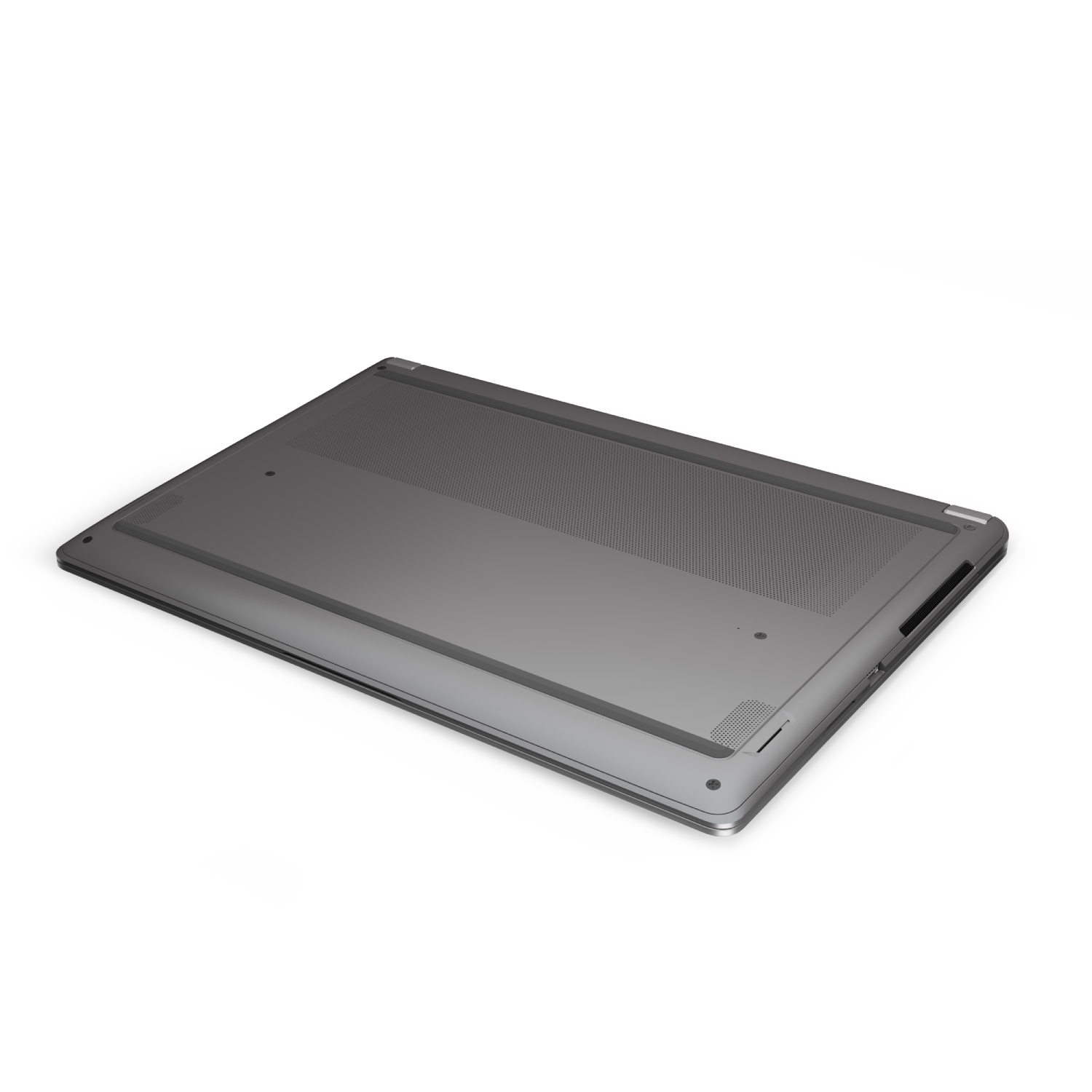 Parte inferior de un portátil gris. Tiene orificios de ventilación y patas de goma.
