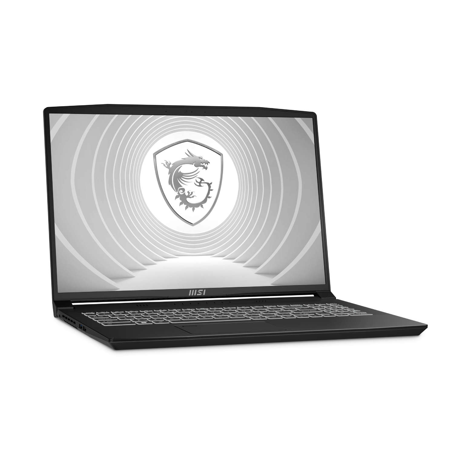 Un portátil negro con un logotipo en la pantalla. El fondo es blanco, con un diseño blanco.