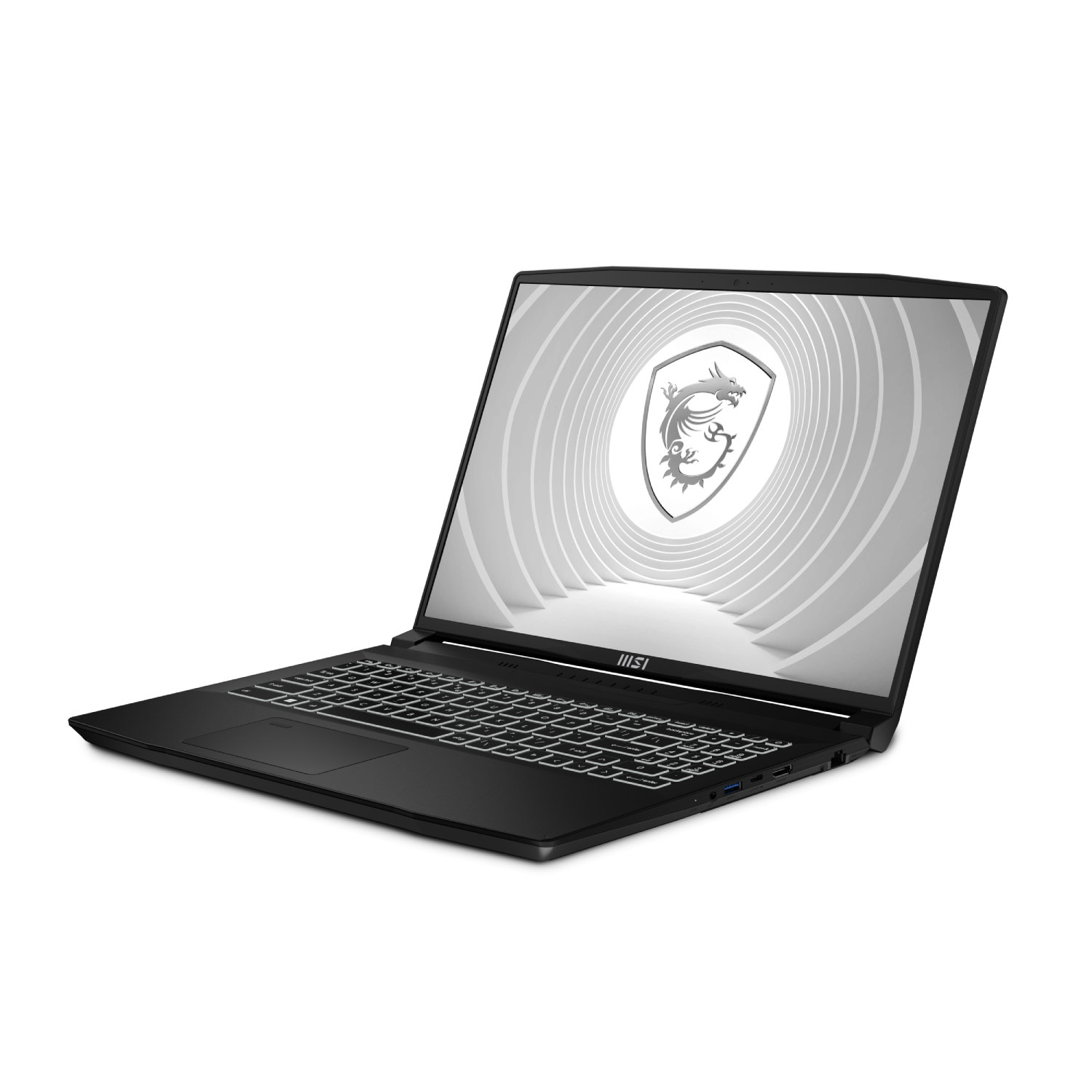 Un portátil MSI negro con teclado blanco y logotipo en la pantalla, sobre fondo blanco.