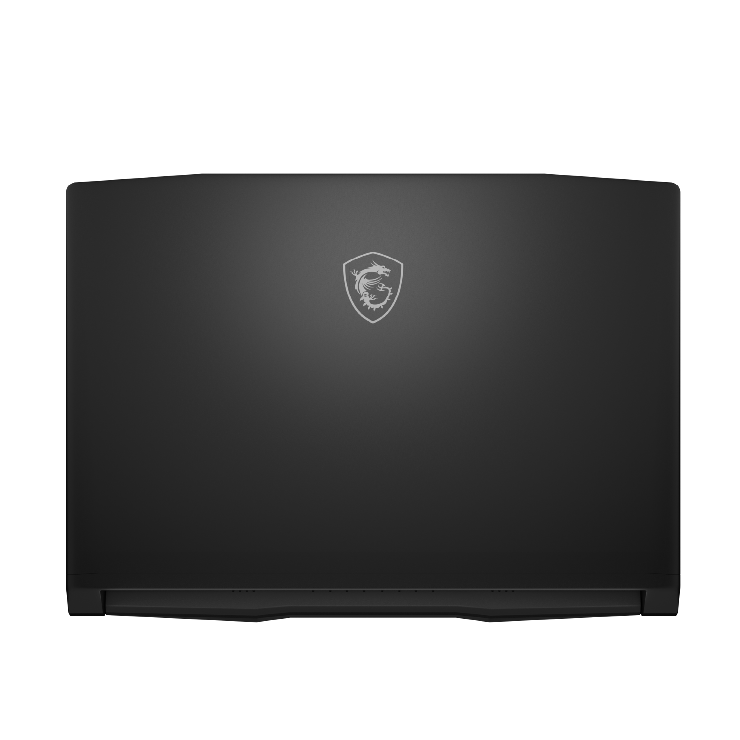 Tapa de portátil negra con el logotipo de MSI. La superficie es lisa. El fondo es blanco.