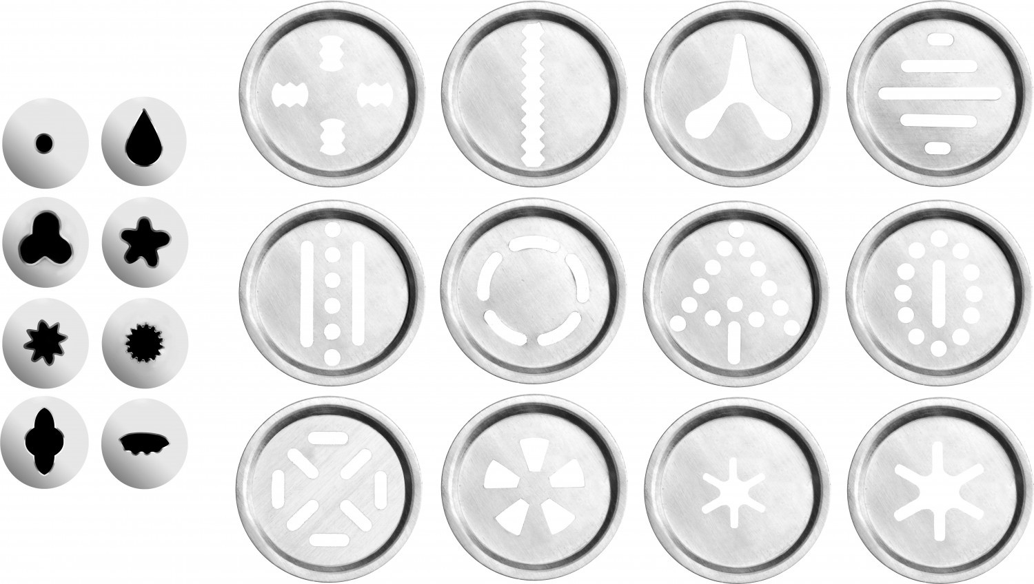 A set of cookie press discs with various decorative shapes, all silver.