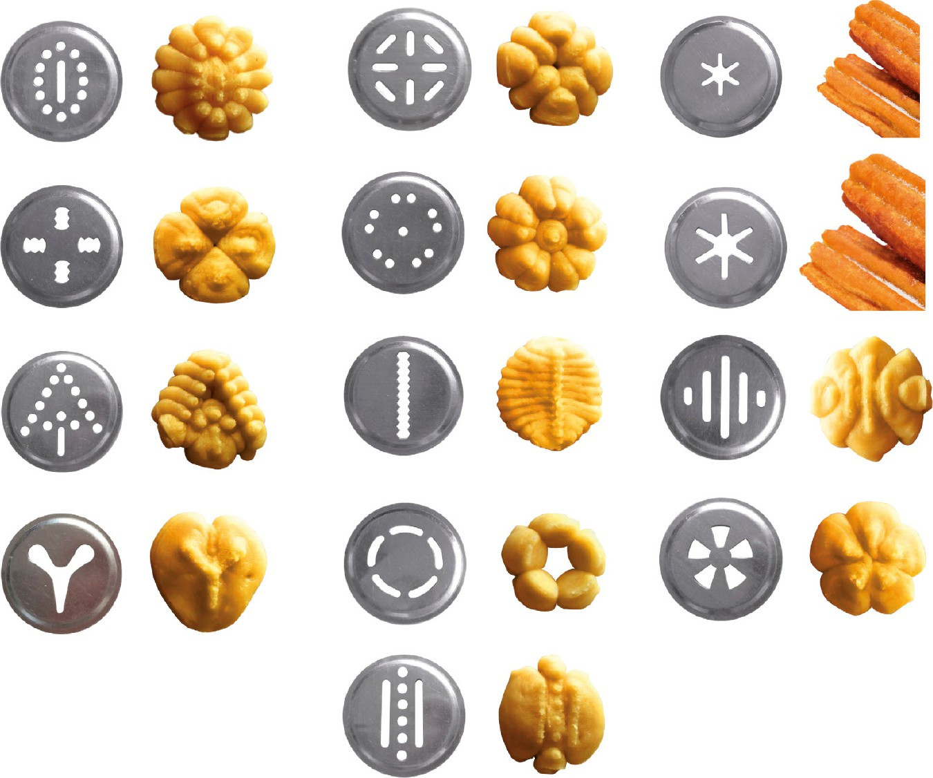 Set of metal cookie cutter shapes and cooked churro sticks.