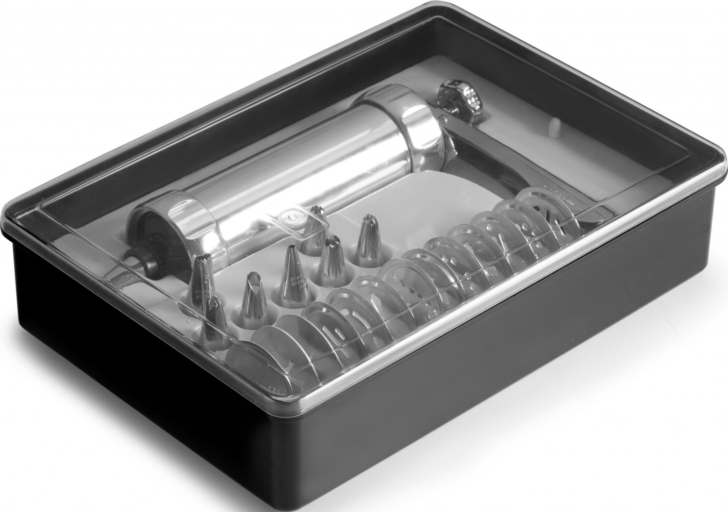 Black and clear container for a kitchen tool set. A syringe-like tool is shown.