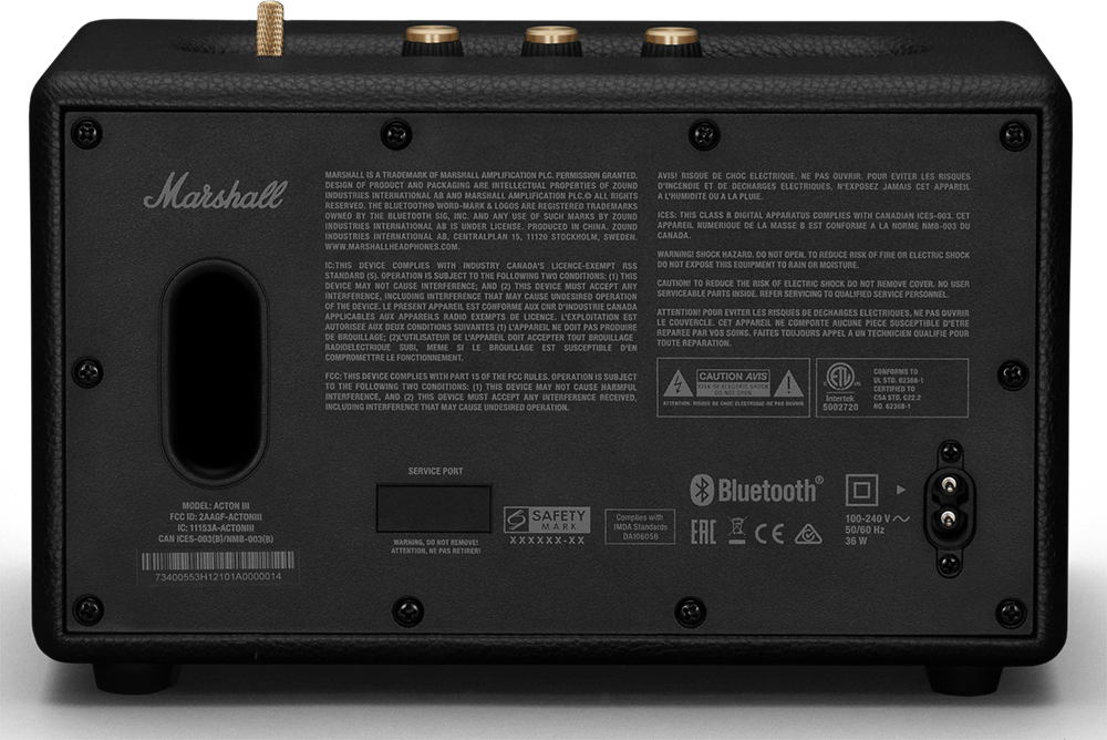 Back of a black Marshall speaker with text, logos, and ports, against a black background.