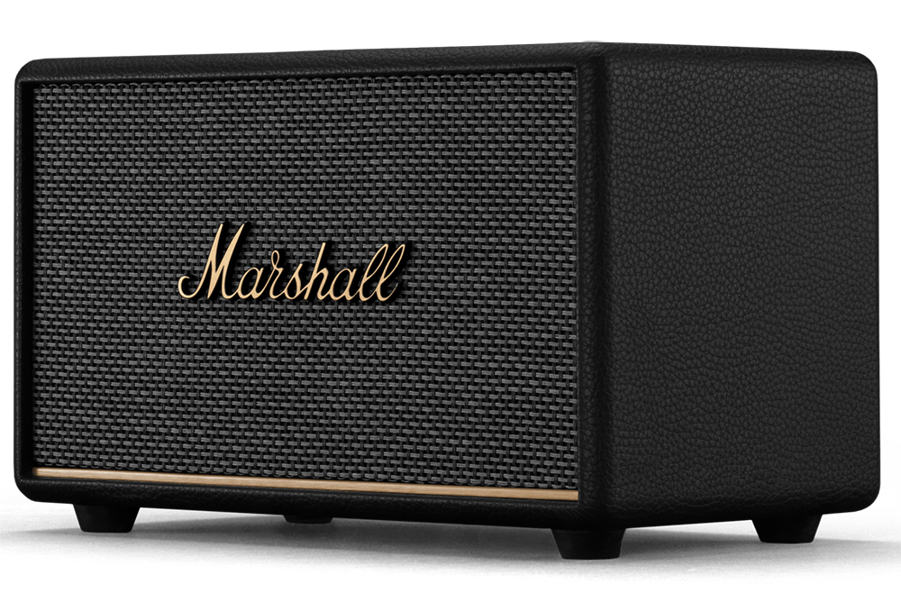 Black Marshall speaker with a black speaker grille and gold Marshall logo.