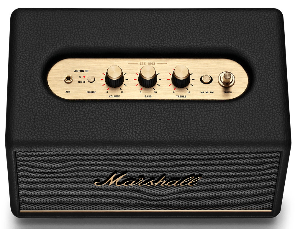 Black and gold Marshall speaker with knobs and logo.