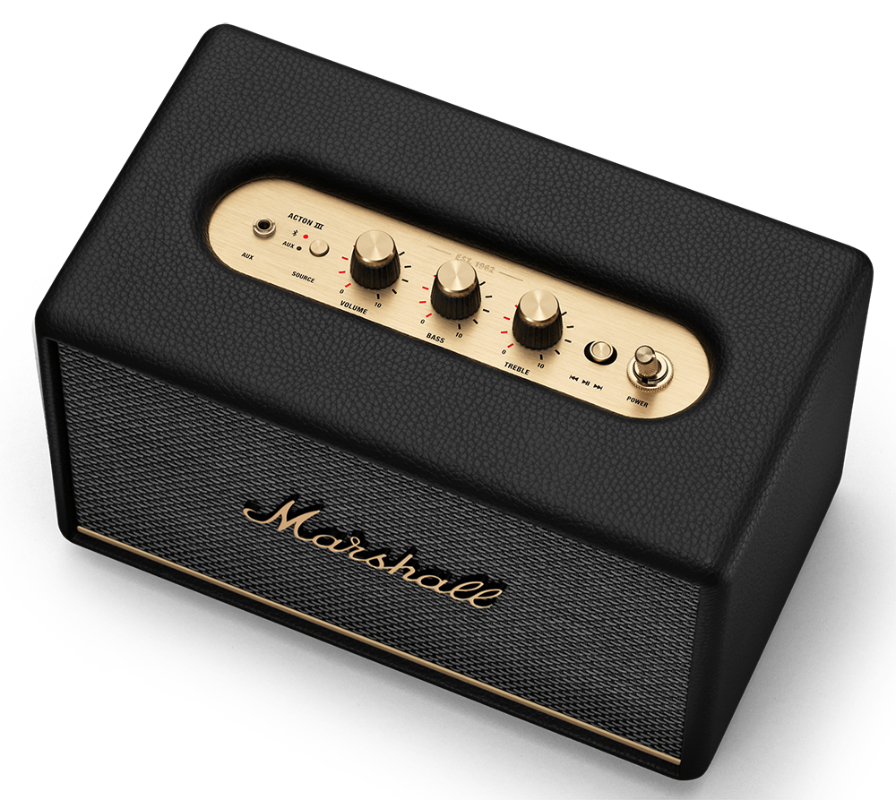 Black Marshall speaker with gold knobs. The Marshall logo is visible. Black background.