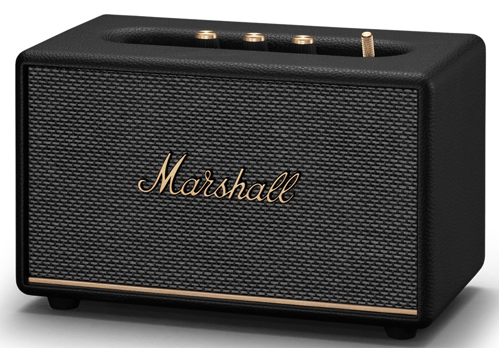 A black Marshall speaker with gold accents and the Marshall logo, on a black background.