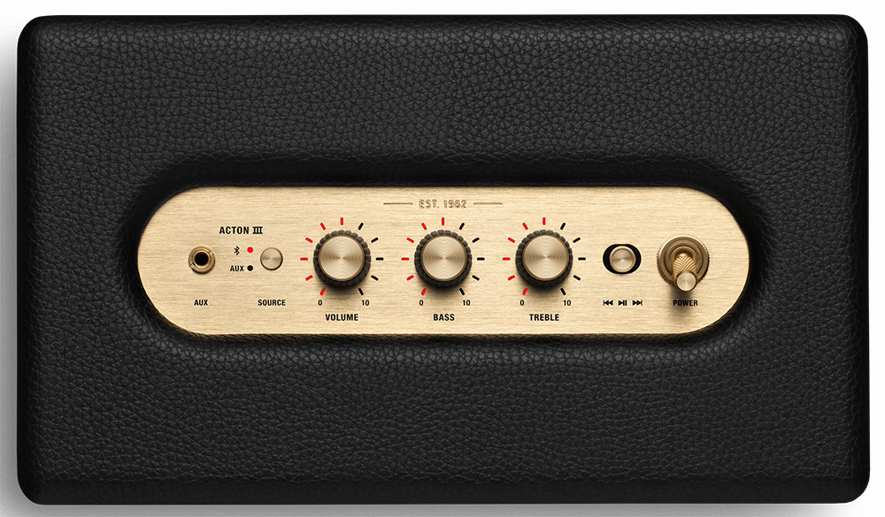 A black Marshall Acton II speaker control panel. It has gold details and volume knobs.