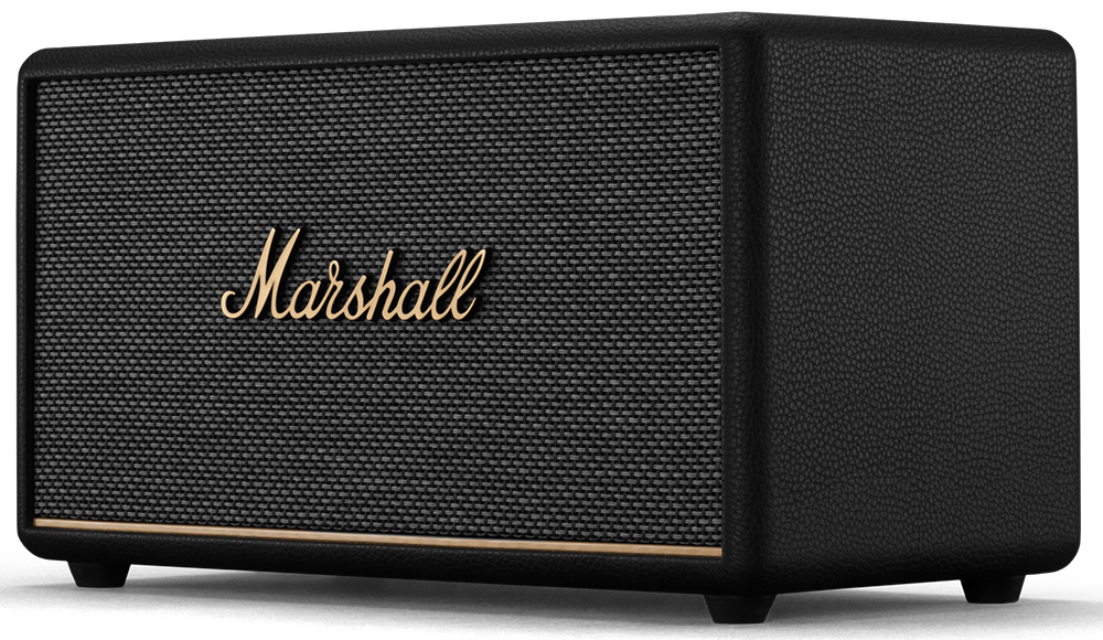 Zwarte Marshall-luidspreker met gouden Marshall-logo op donkere achtergrond.