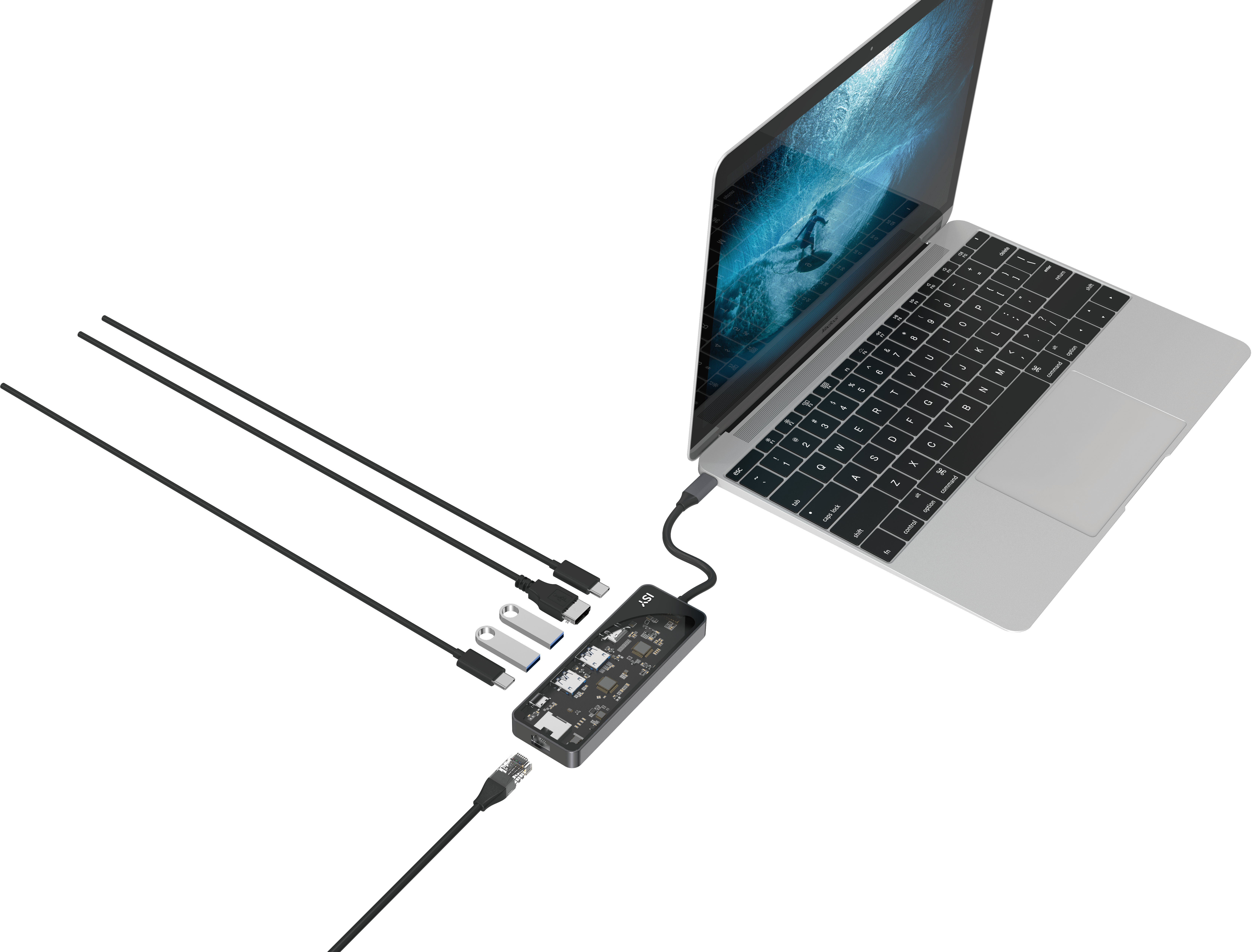 Ein Laptop, der mit einem Hub mit USB-C, USB-Laufwerken und Ethernet-Kabel verbunden ist. Weißer Hintergrund.