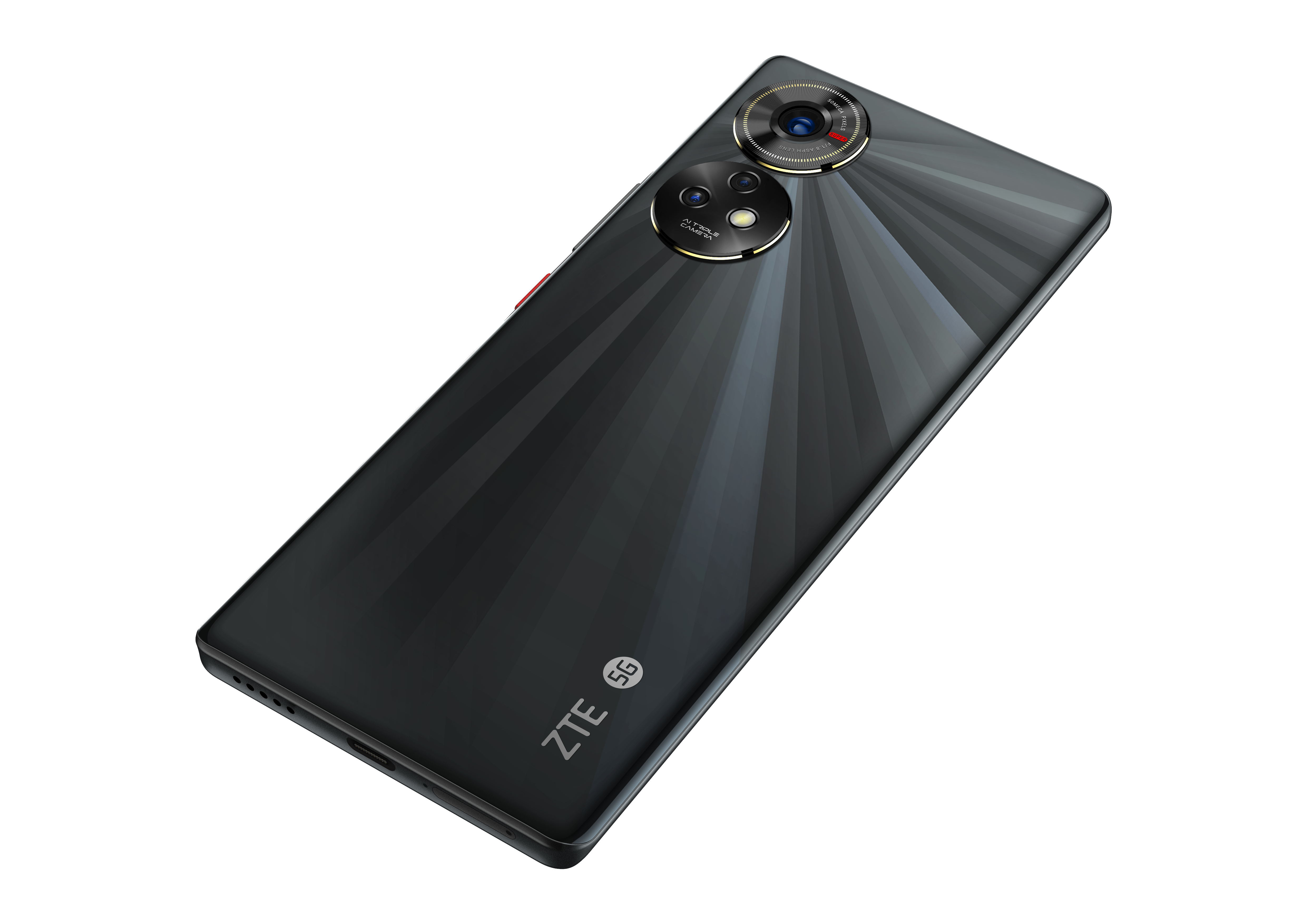 Schwarze ZTE-Telefonrückseite mit Kamera, 5G und gerilltem Design.