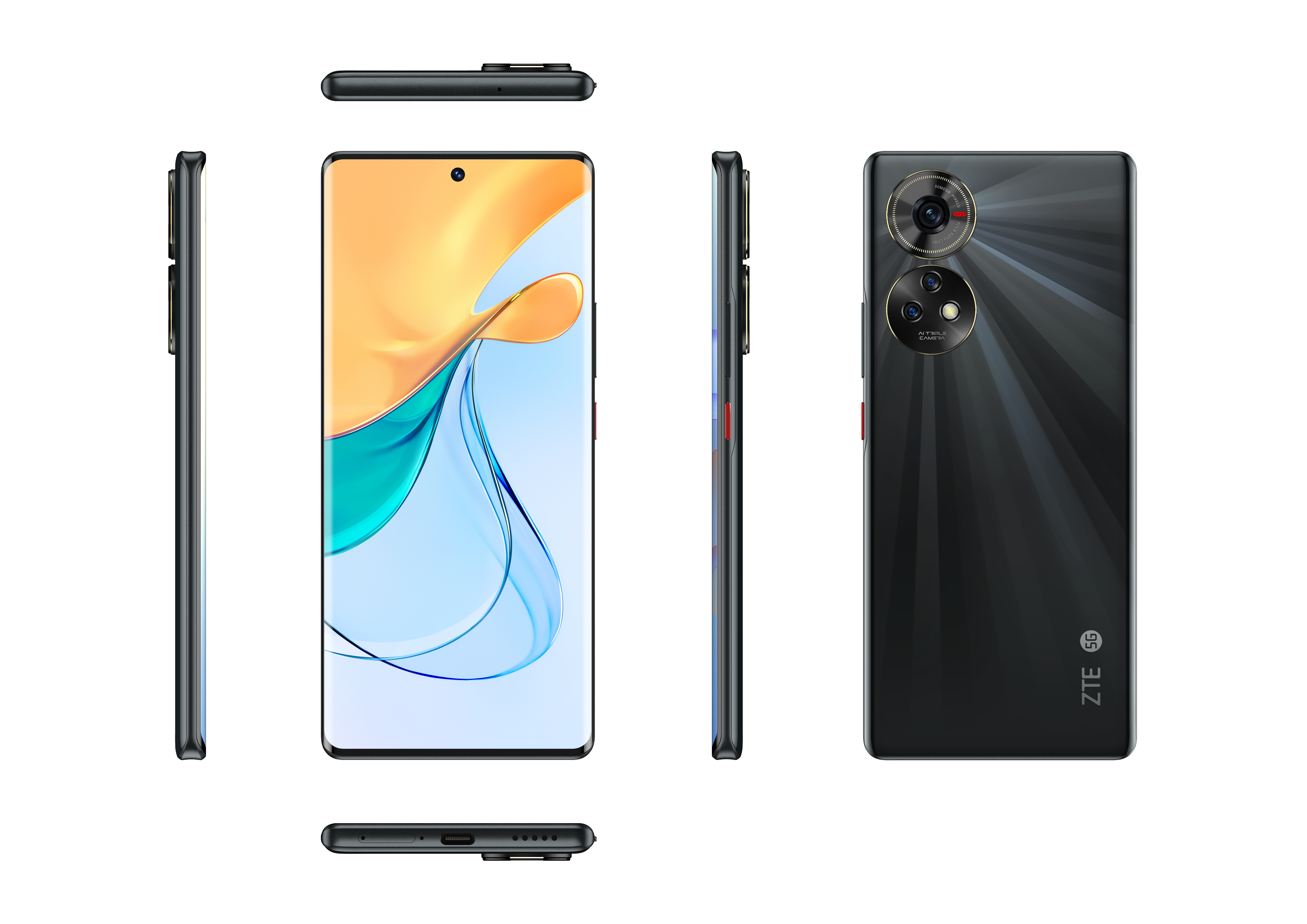 Ein Smartphone, aus verschiedenen Blickwinkeln gesehen. Es hat eine schwarze Rückseite und eine Doppel-Kamera.