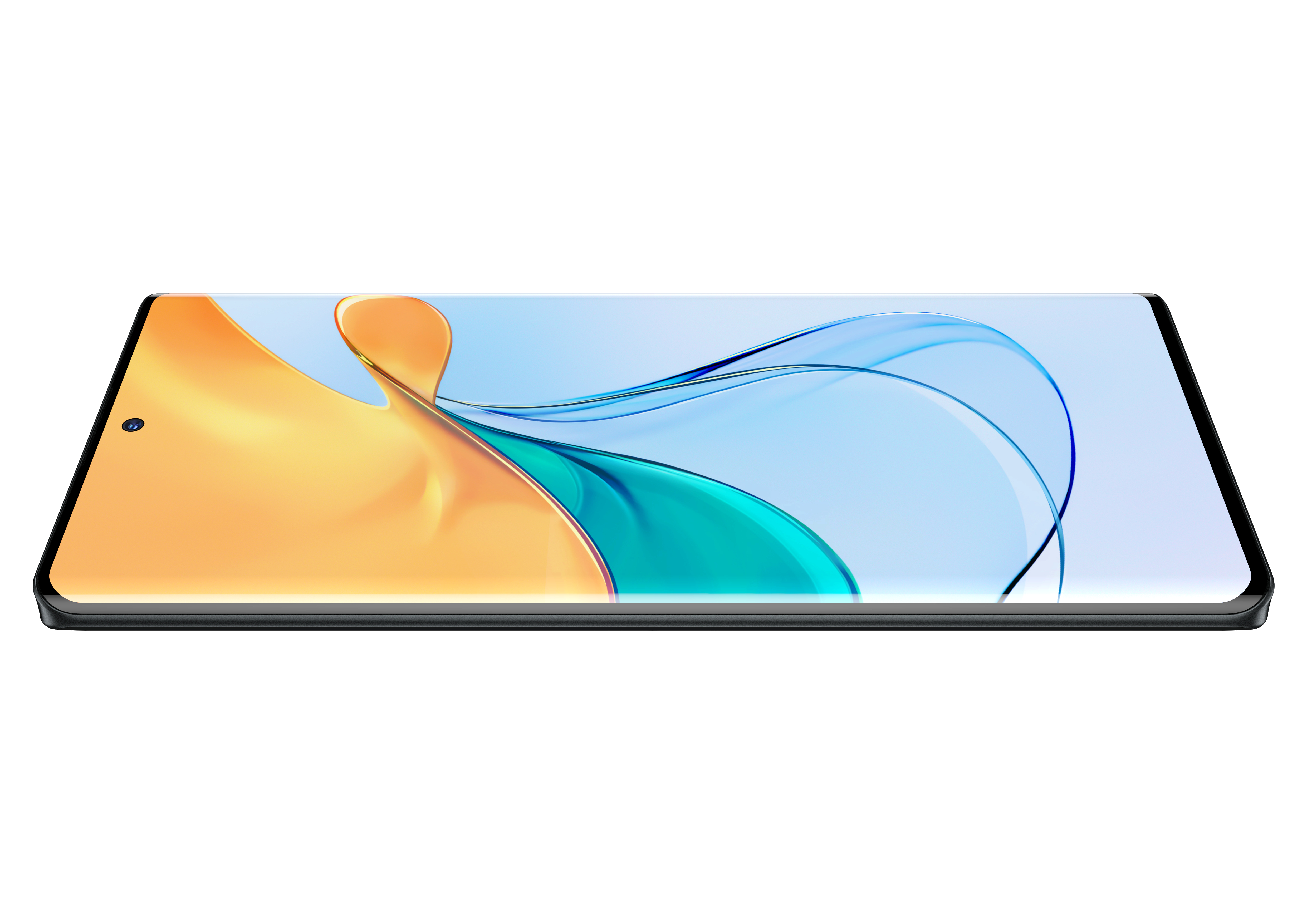 Seitenansicht eines Smartphones mit einem Bildschirm, der ein farbenfrohes Design zeigt.