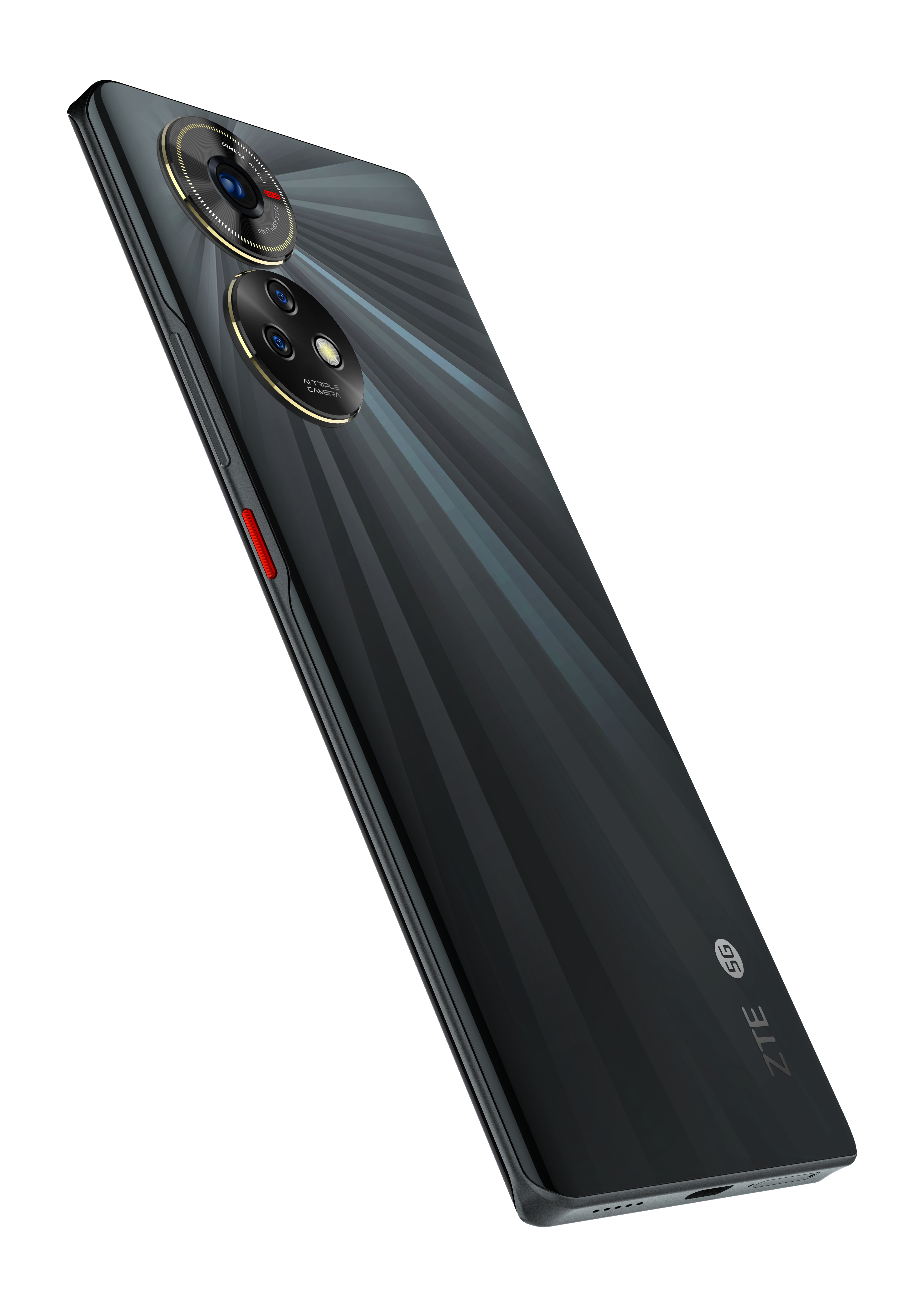 Schwarzes Telefon mit Dual-Kameras und roter Taste.