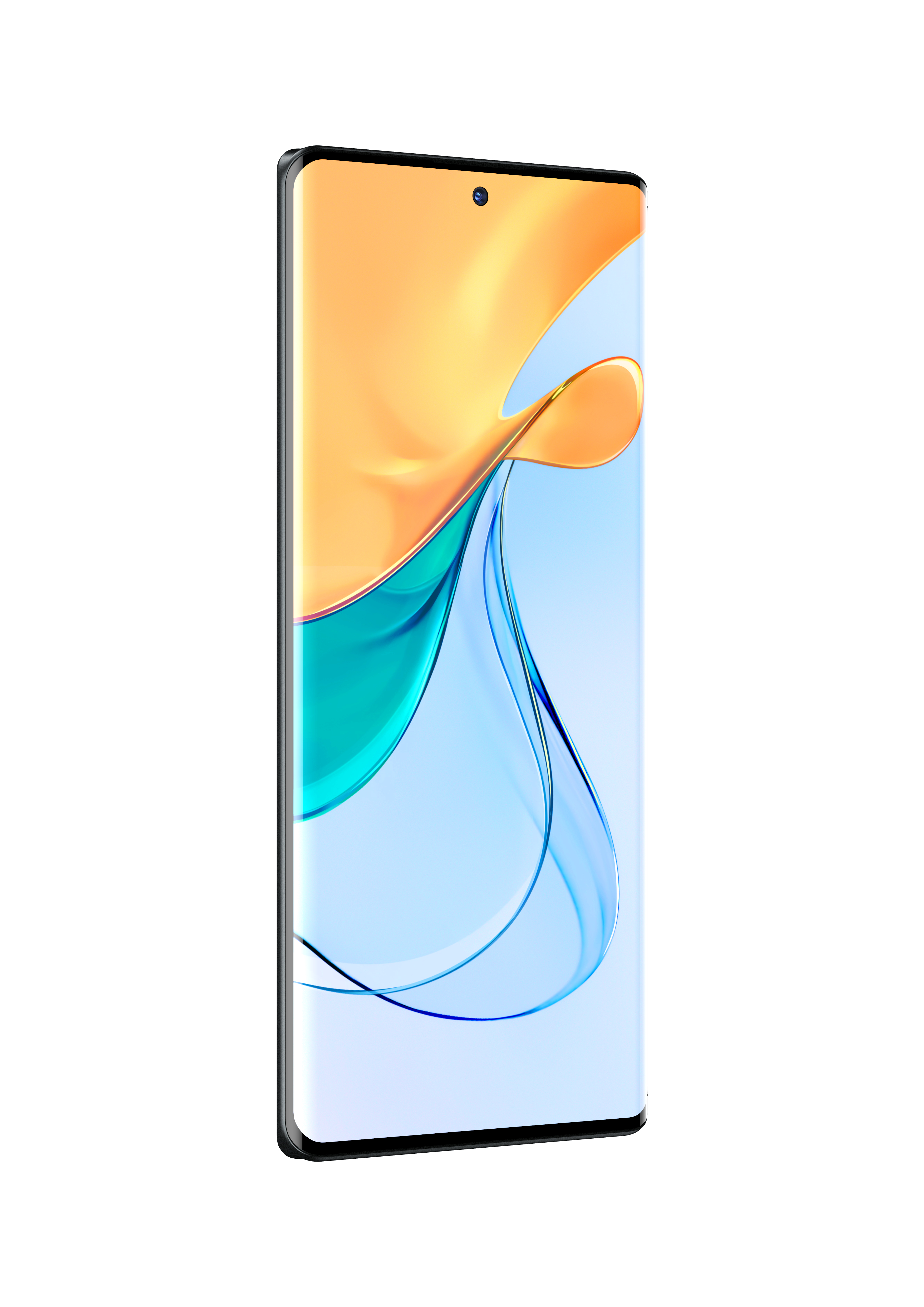 Smartphone mit farbenfrohem Display, aufrecht stehend vor weißem Hintergrund.