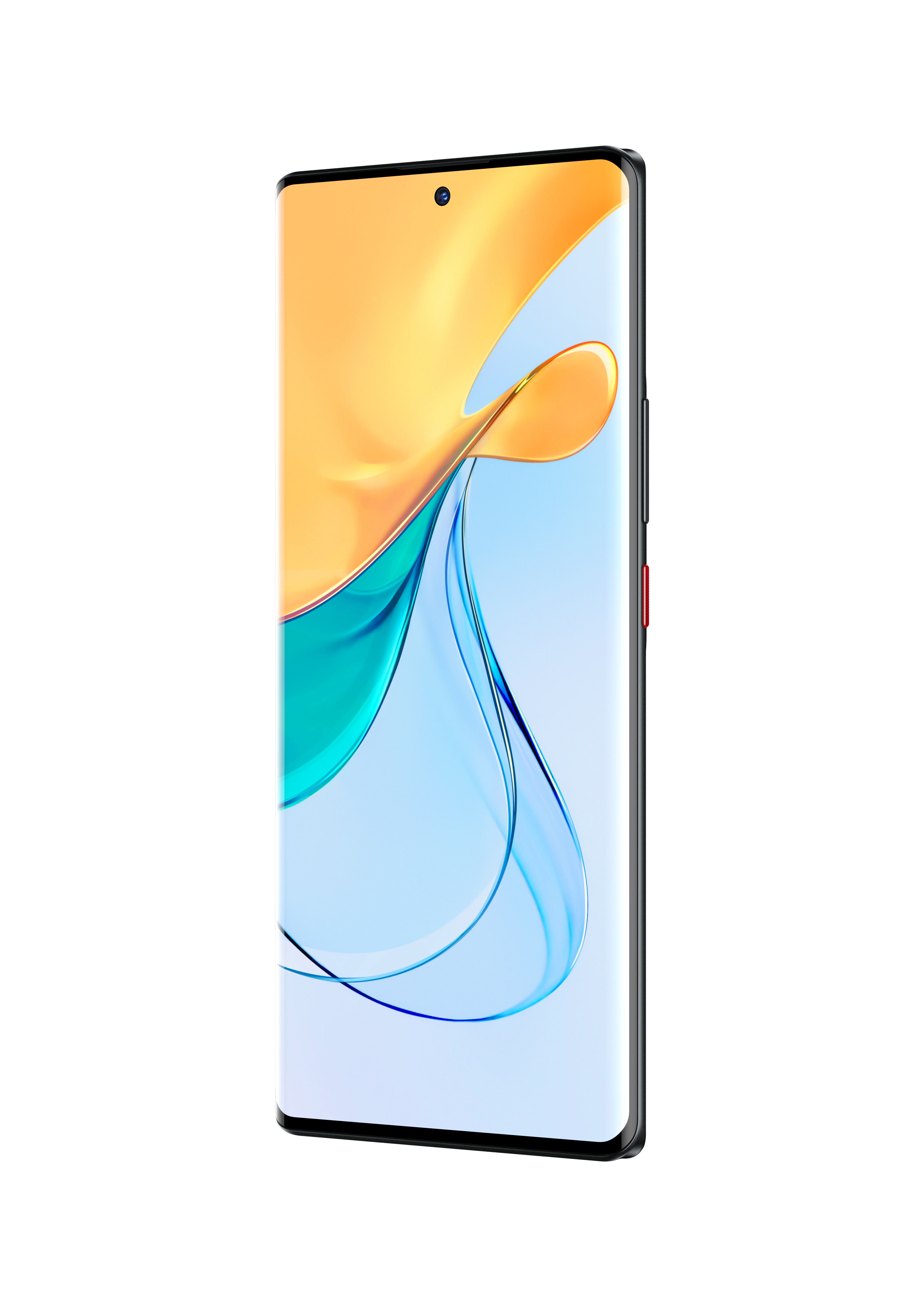 Ein schlankes Telefon in Seitenansicht mit einem Bildschirm in Gelb und Blau.