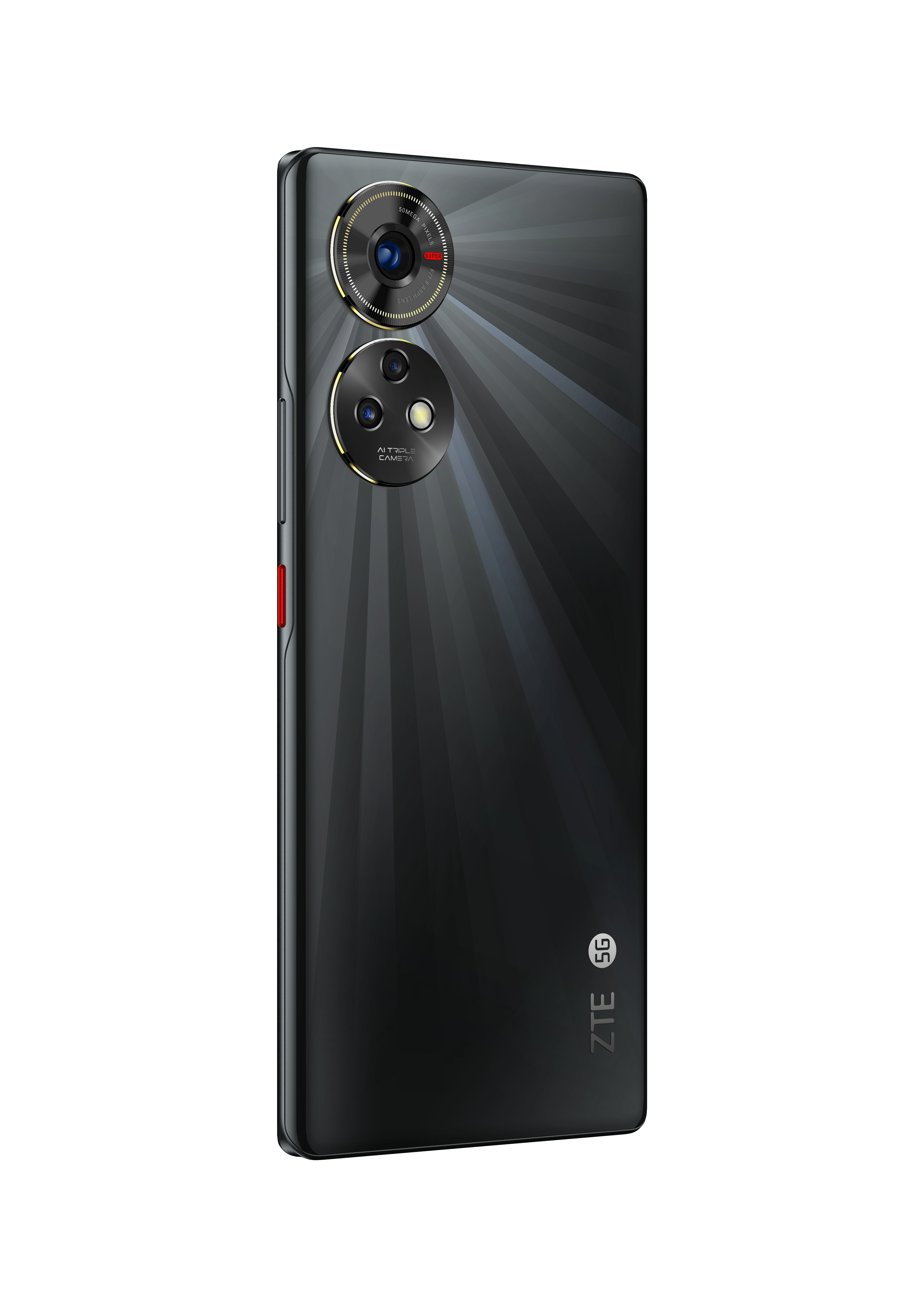 Ein schwarzes ZTE-Telefon. Es hat zwei Kameras und das ZTE-Logo. Die Rückseite ist sichtbar.