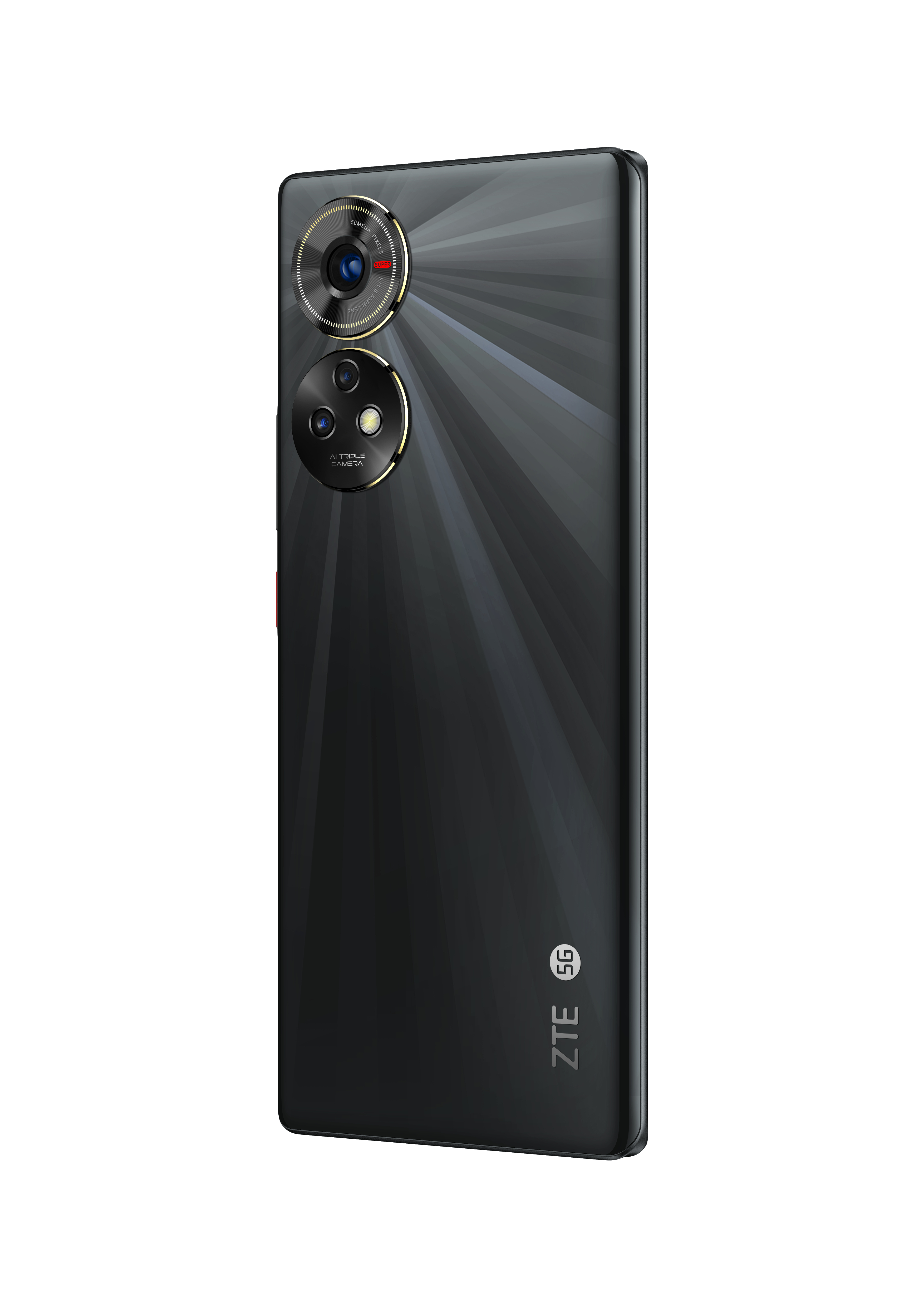 Schwarzes Smartphone mit mehreren Rückkameras, Rückansicht. ZTE- und 5G-Logos sichtbar.