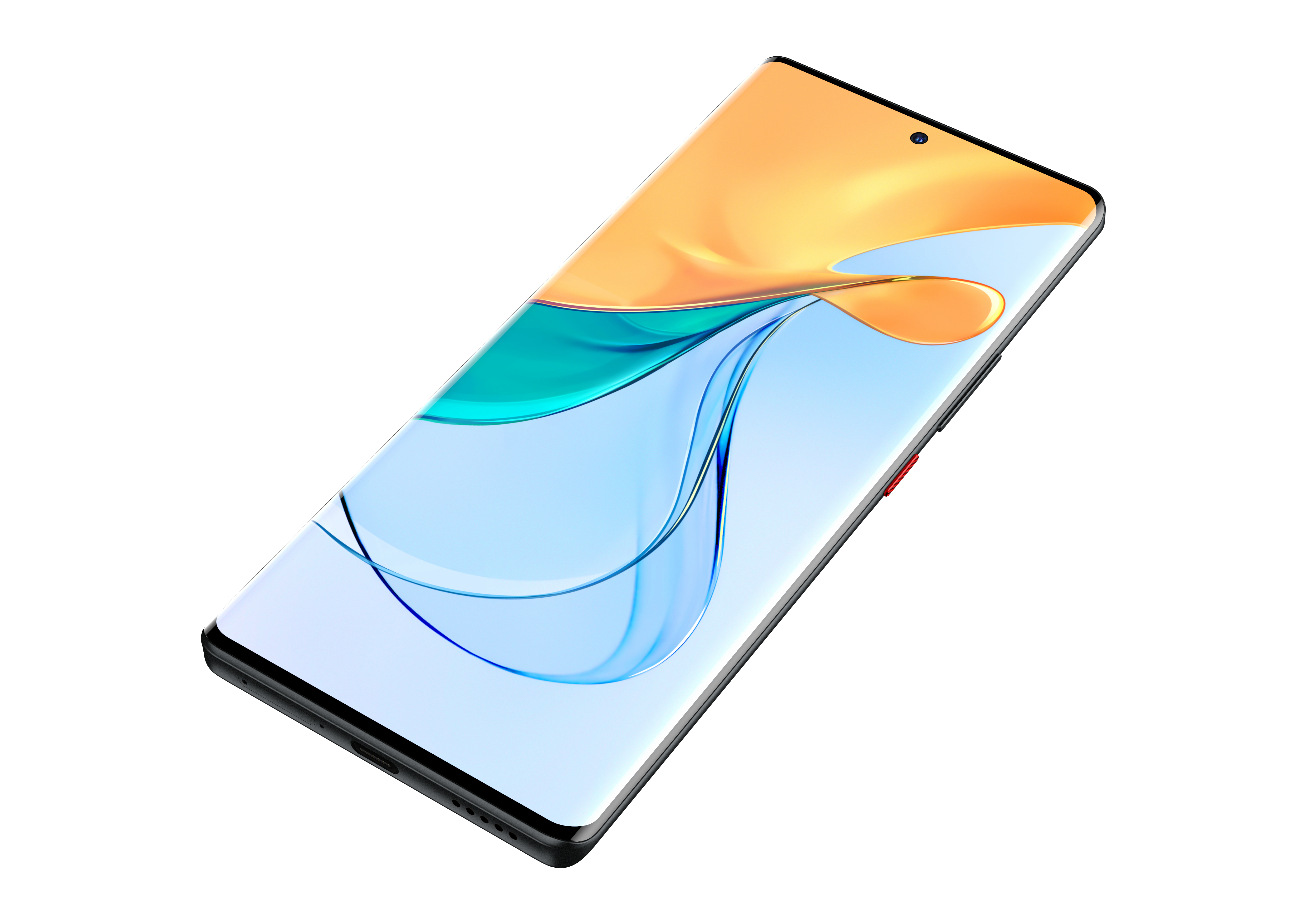 Ein Smartphone mit einem gebogenen Bildschirm, der einen Farbverlauf aus Orange, Blau und Weiß zeigt.