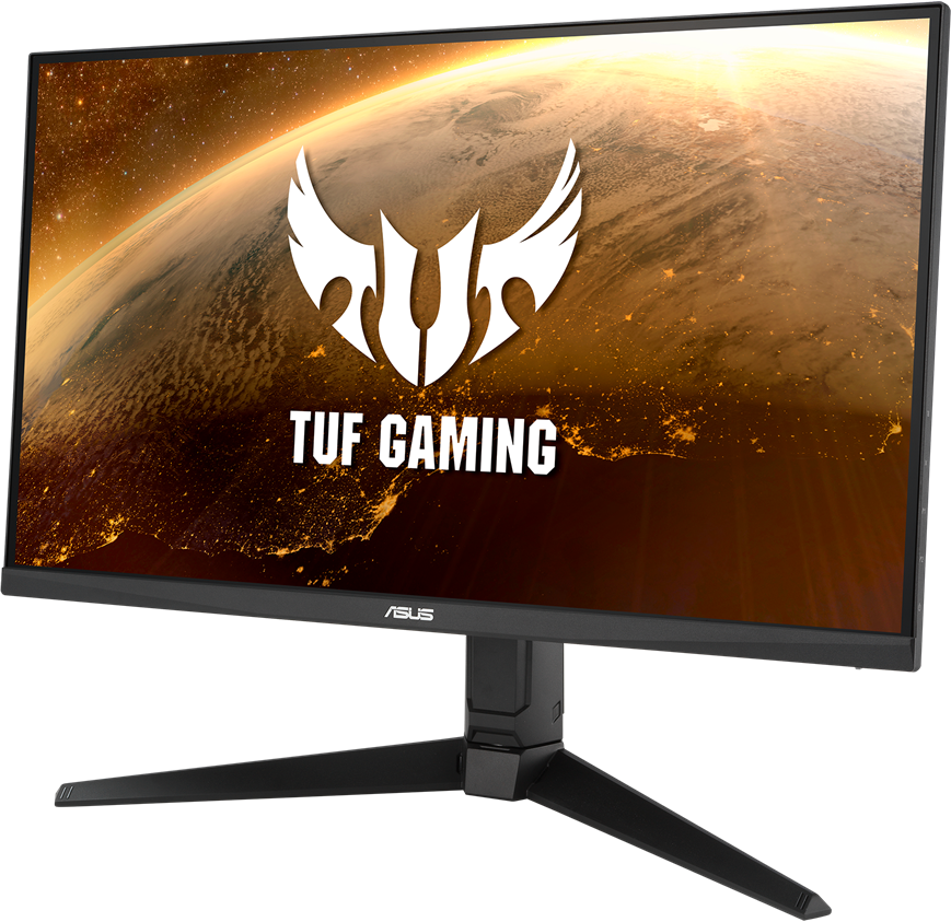 Egy számítógép monitor a 'TUF GAMING' felirattal és egy logóval a képernyőn. Fekete állvánnyal és kerettel rendelkezik.