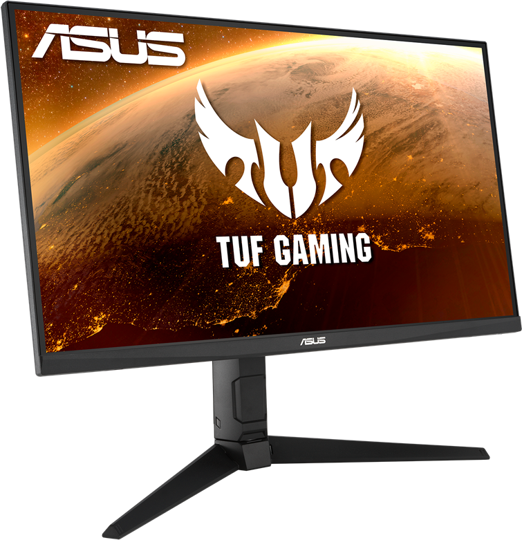 Fekete számítógép monitor ASUS TUF GAMING logóval és bolygóképpel.