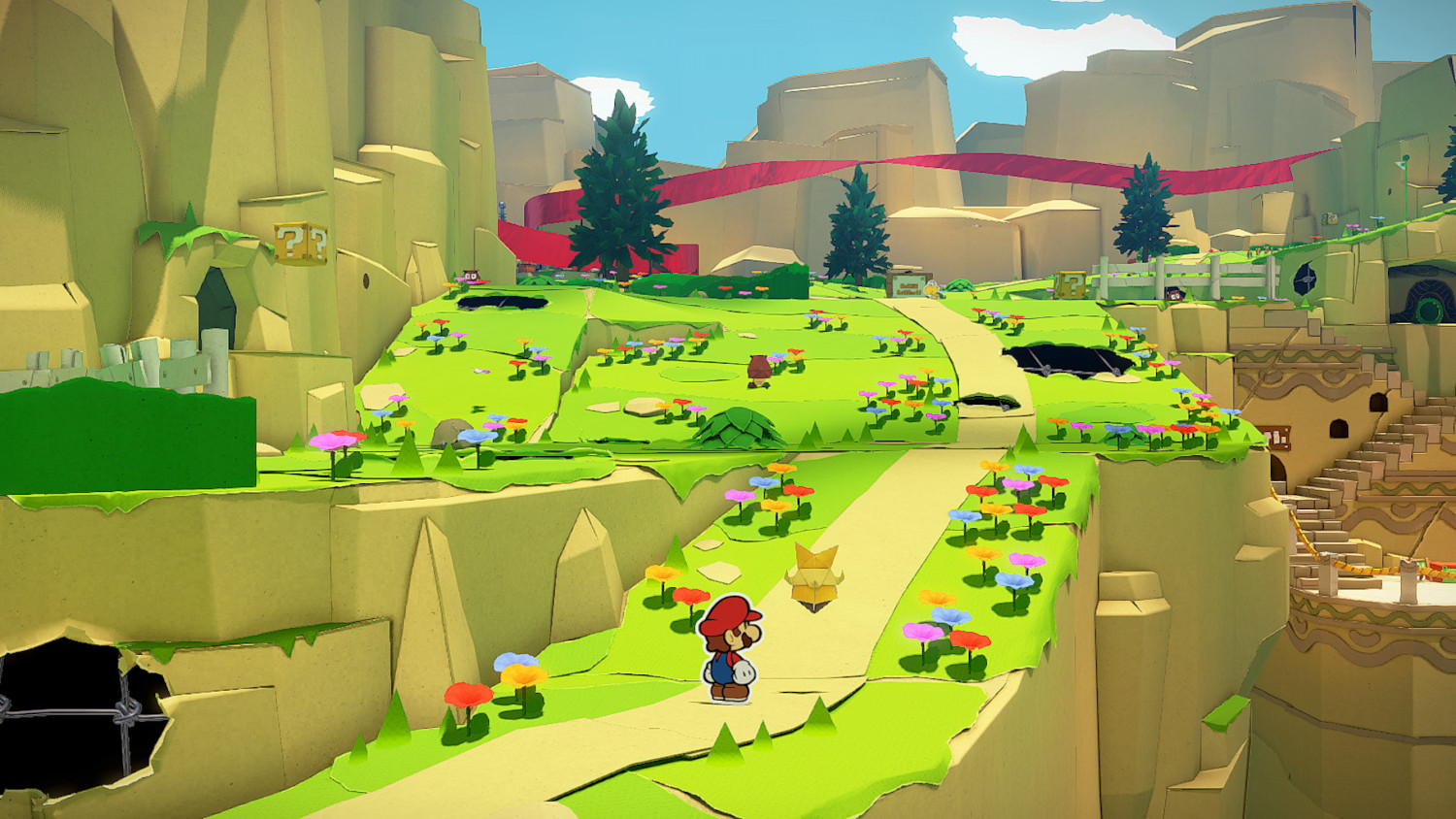 Niveau de jeu Mario de style papercraft. Herbe verte, Mario rouge et fleurs colorées.