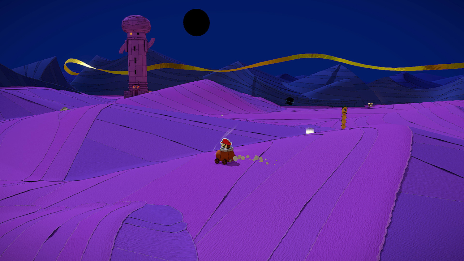 Un paysage de dessin animé avec des collines violettes, un véhicule et une tour sous un ciel sombre.
